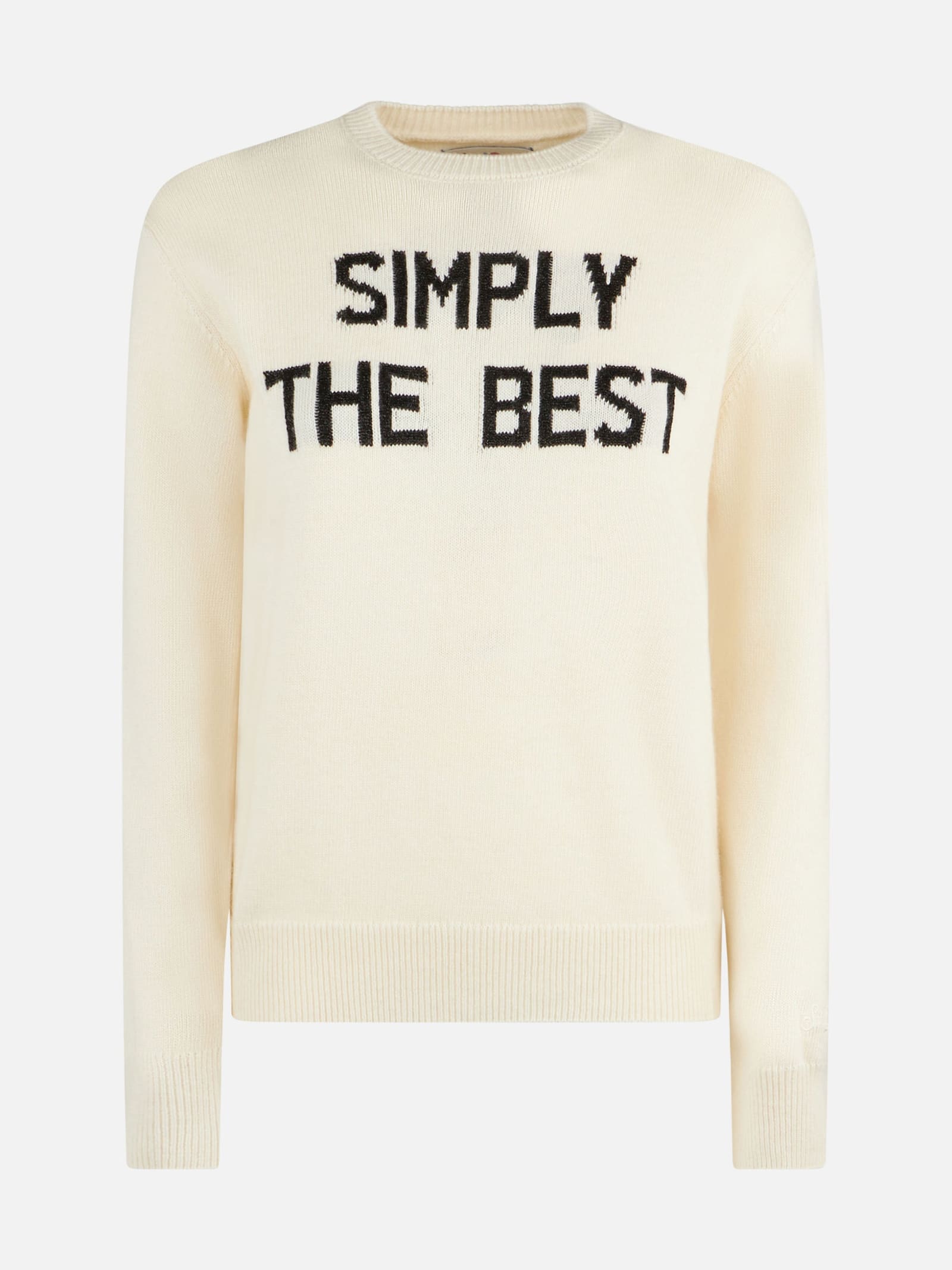 Mc2 Saint Barth Woman Crewneck White Sweater With Simply The Best Lurex Print Niki Dj Special Edition In White