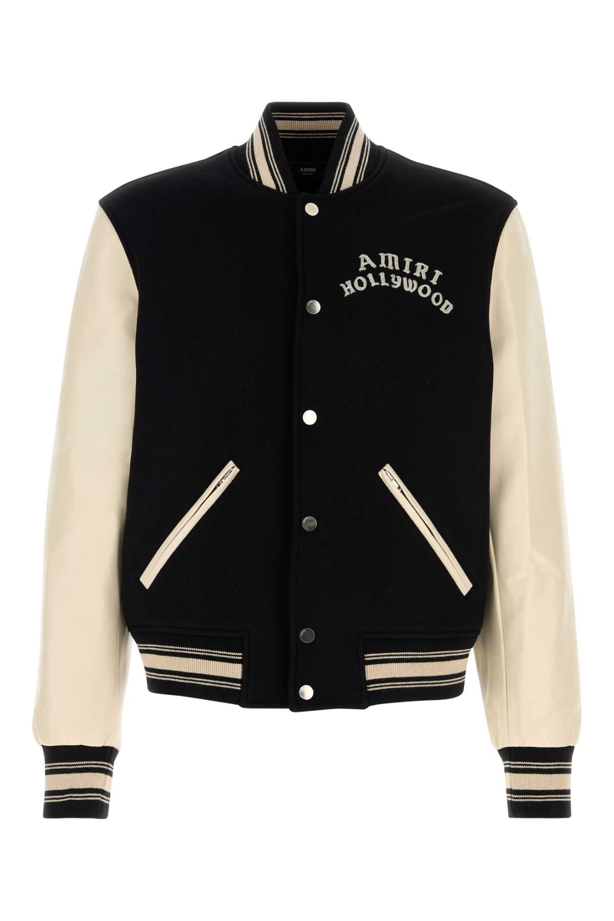 Amiri Mens Hollywood Embroidered-text Wool-leather Blend Bomber Jacket Black Xl In Black