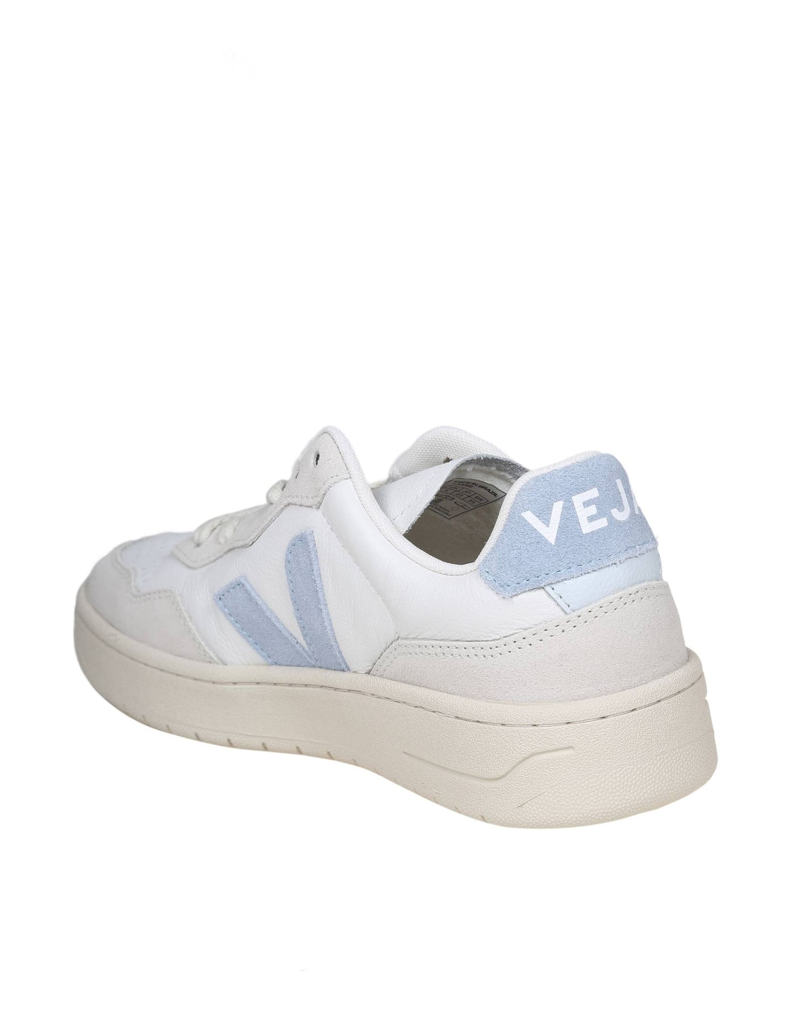 Shop Veja V 90 Sneakers In White And Light Blue Leather And Suede
