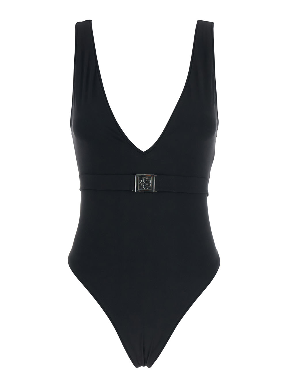 Tory Burch Belted Logo Swimsuit In Black