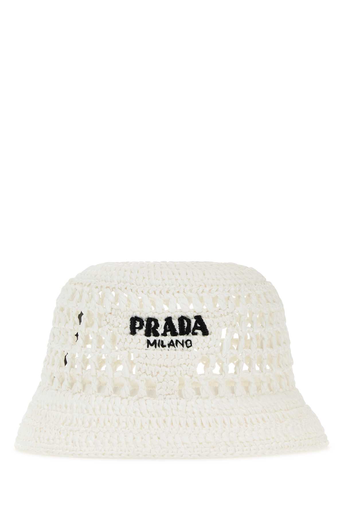 Prada White Raffia Bucket Hat In Bianco