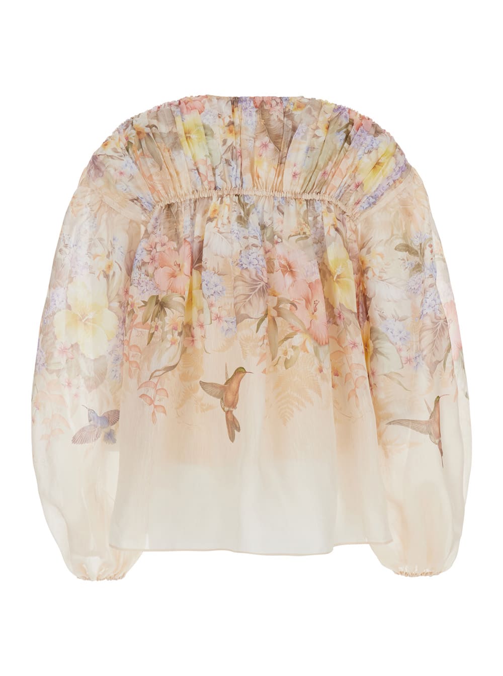 ZIMMERMANN ILLUMINATEBEIGE BLOUSE WITH PUFFED SLEEVES AND ALL-OVER FLORAL PRINT IN LINEN AND SILK BLEND WOMAN