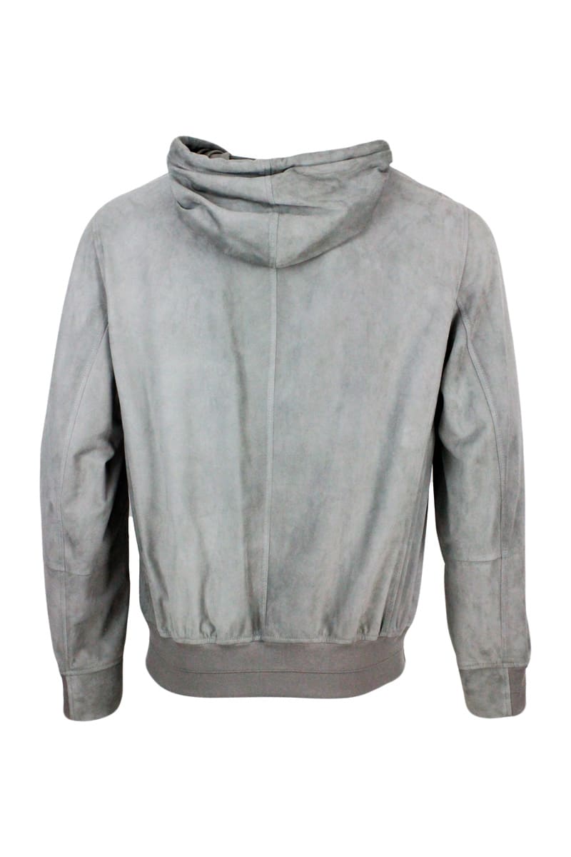 Shop Brunello Cucinelli Sweatshirt-style Jacket In Very Soft Suede Leather With Hood And Zip Closure In Grey