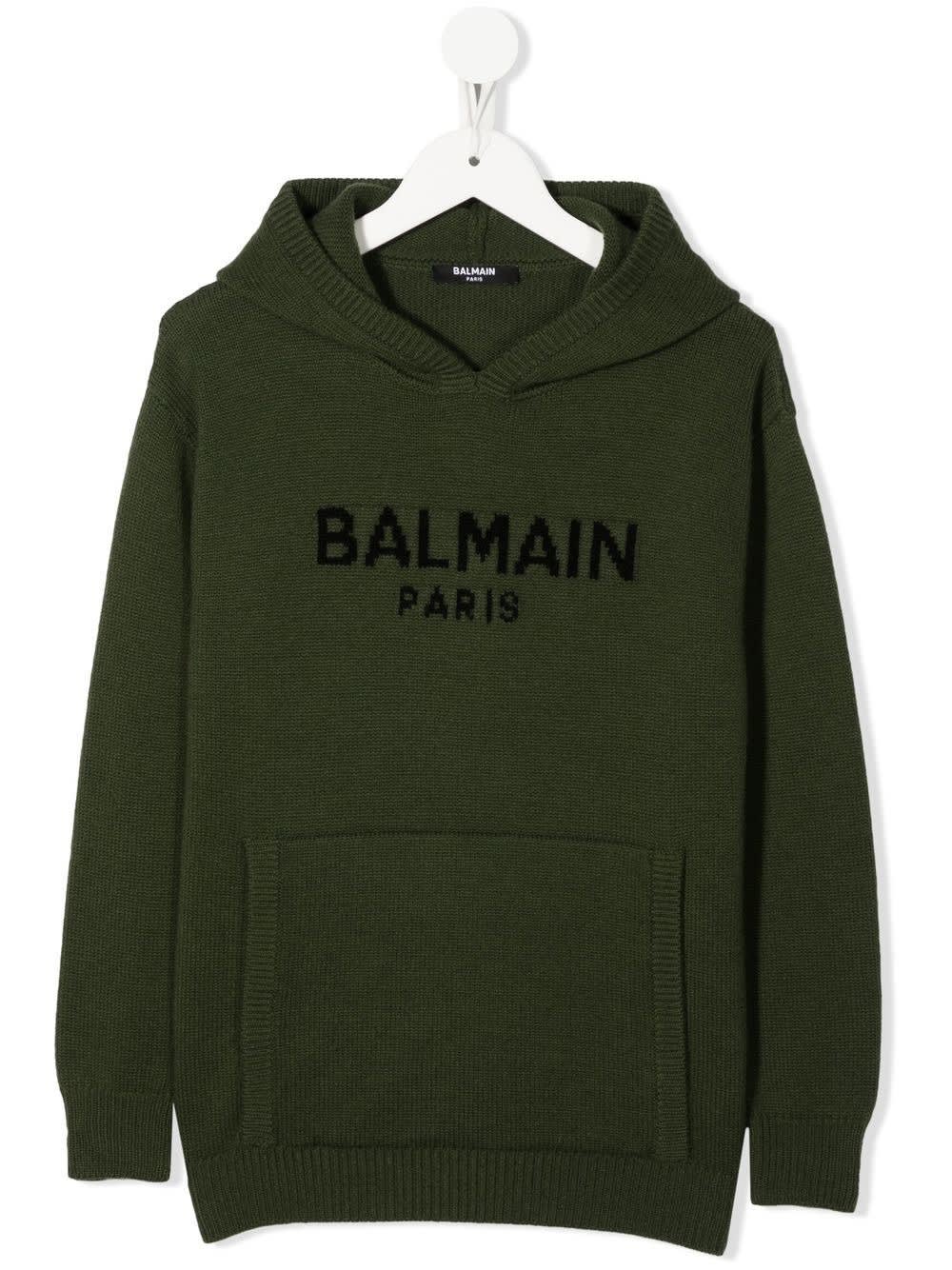 Balmain Kids Military Green Pullover With Logo And Hood