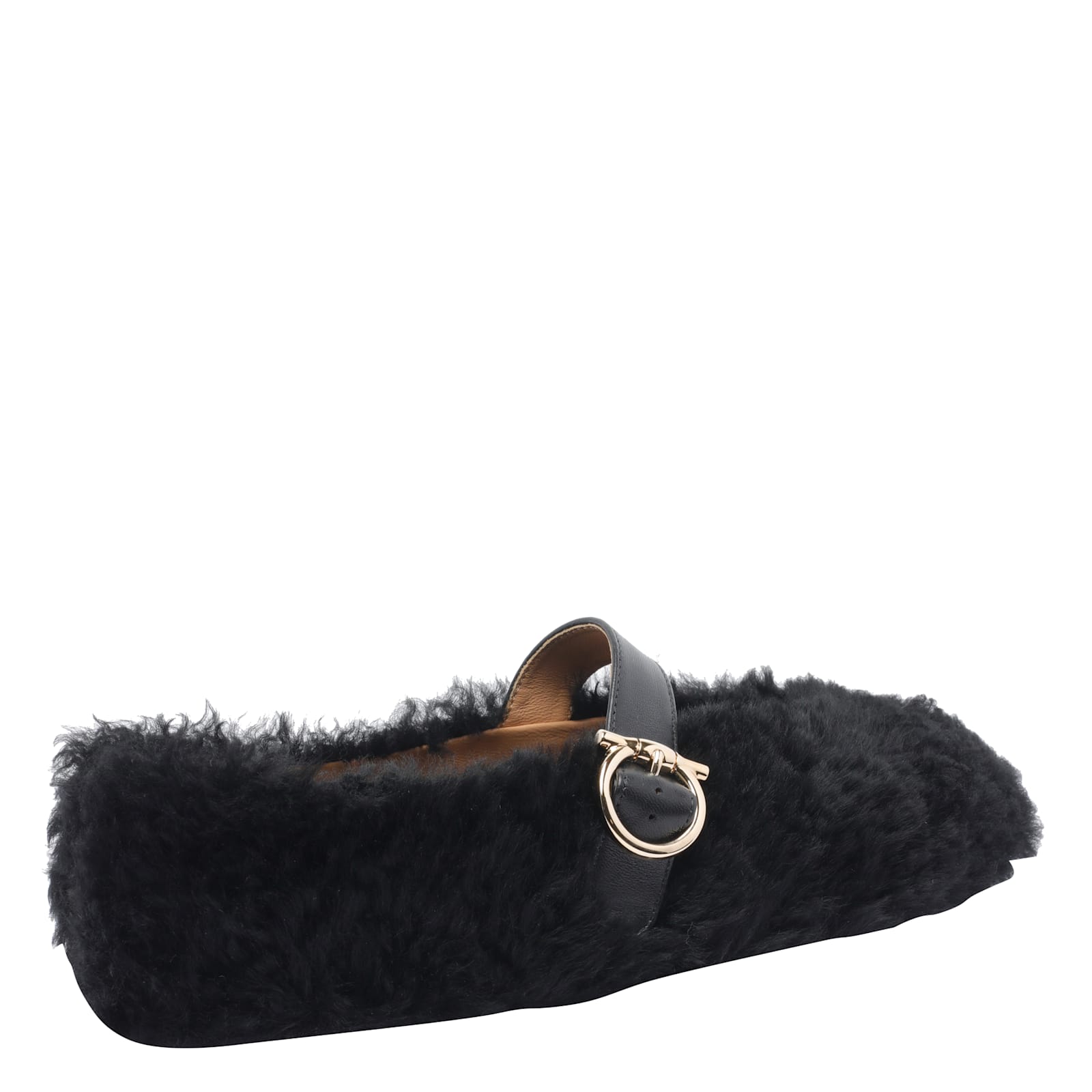 Ferragamo Gancini Ornamental Ballet Flats In Shearling In Black