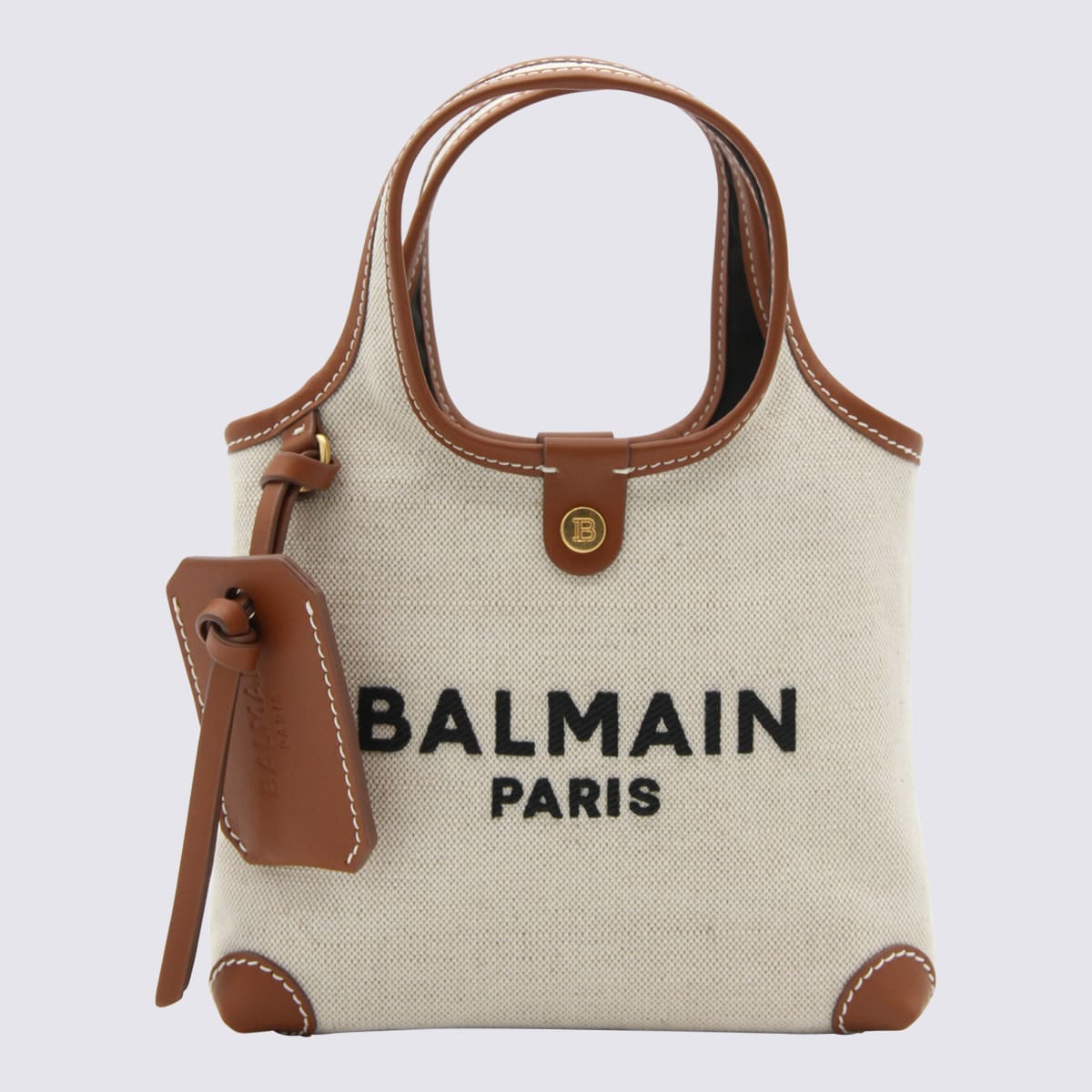 BALMAIN BEIGE CANVAS AND BROWN LEATHER HANDLE BAG