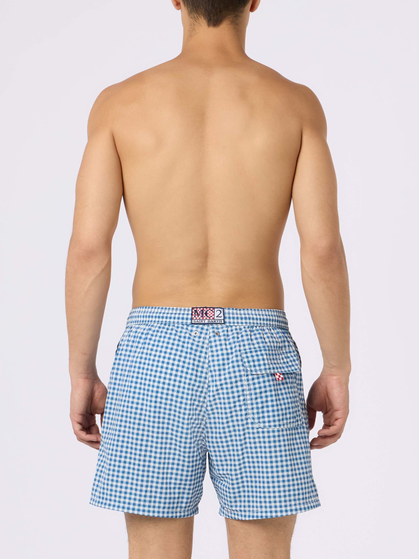 Mc2 Saint Barth Man Seersucker Gingham Swim Shorts Patmos In Blue