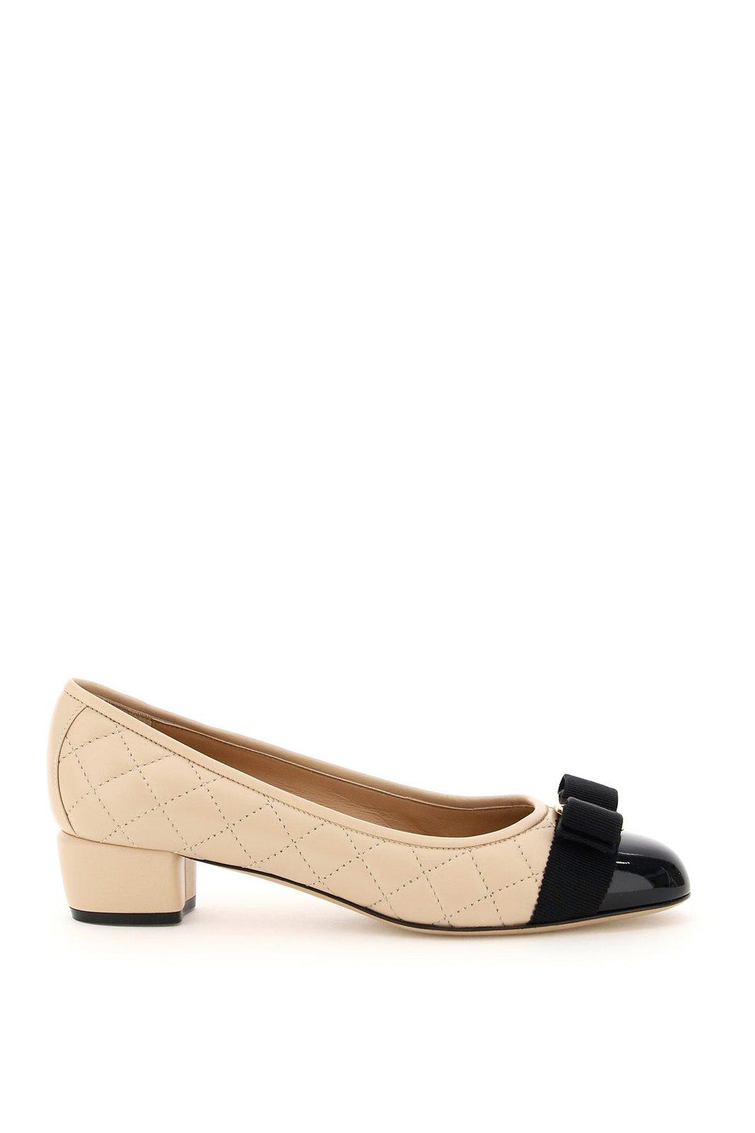 Shop Ferragamo Vara Bow Quilted Pumps In Powder