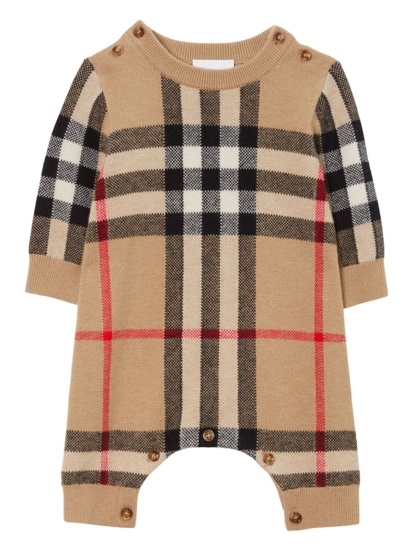 Shop Burberry Check Wool Babygrow In Archive Beige