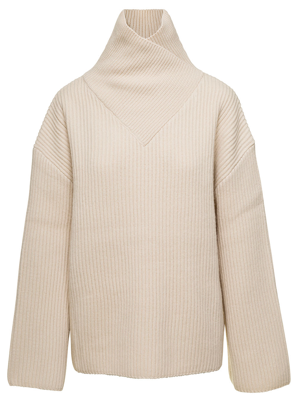 TOTÊME WHITE RIBBED SWEATER WITH WRAP NECK IN WOOL WOMAN