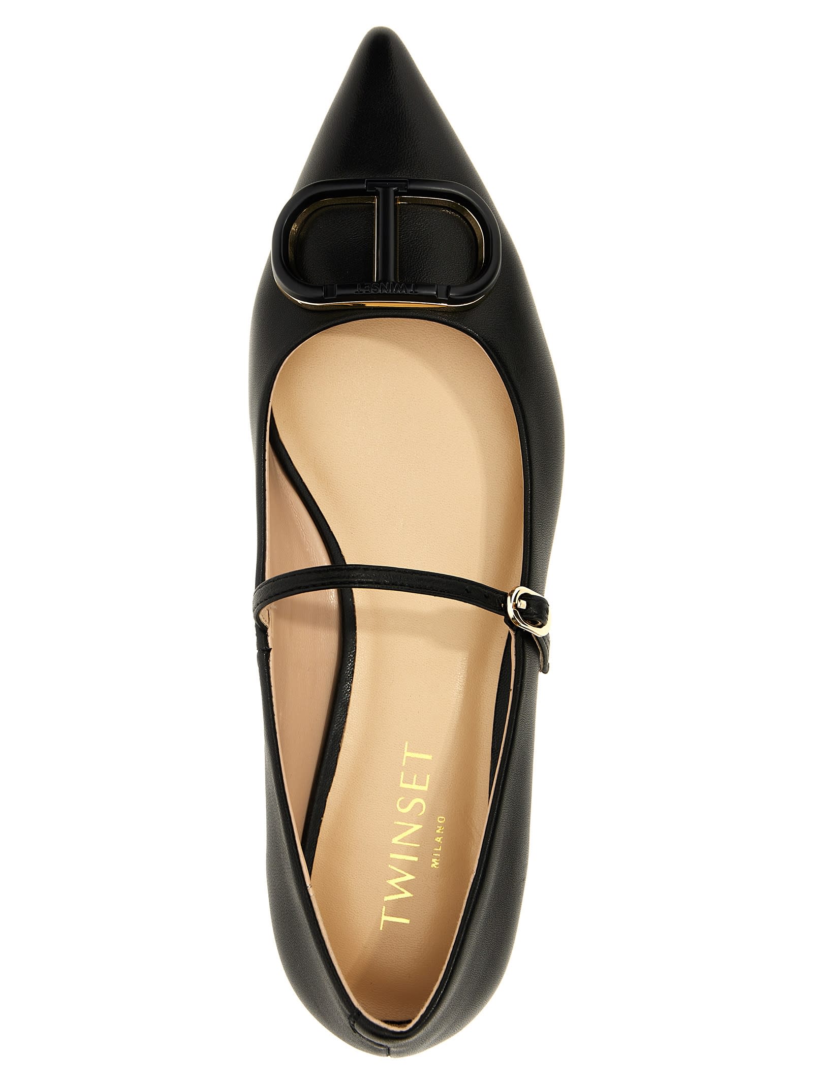 Twinset Black Leather Ballet Flats In Black