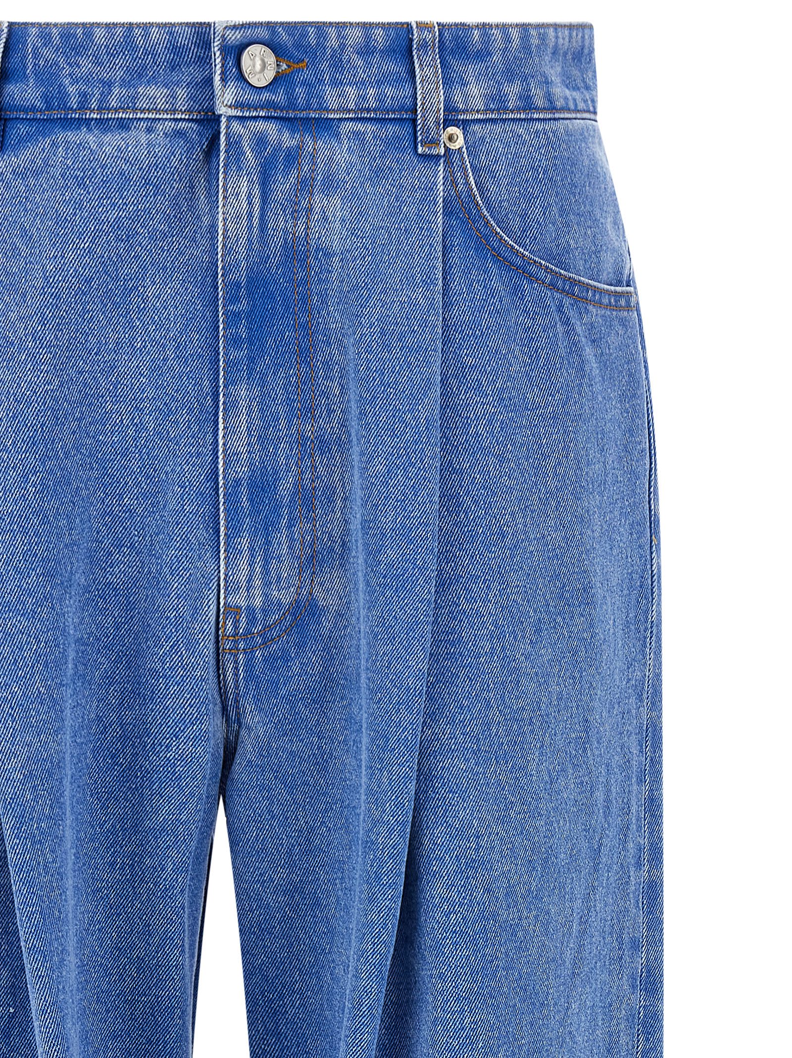 Marni Wide-leg Pleat Jeans With Contrast Stitching And Suede Logo In Blue