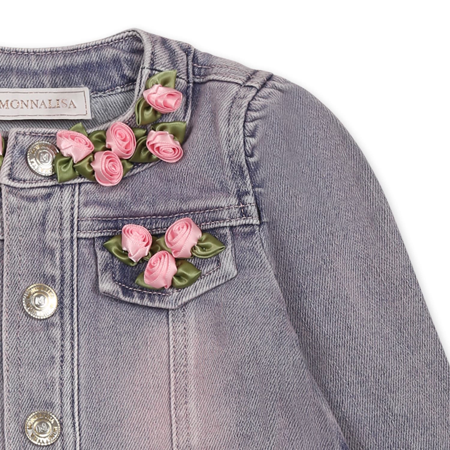Monnalisa Denim Jacket For Baby Girl With Roses In Denim