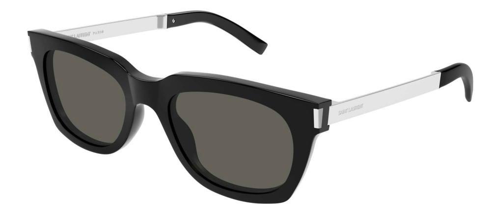 Shop Saint Laurent Square Frame Sunglasses Sunglasses In 001 Black Silver Grey