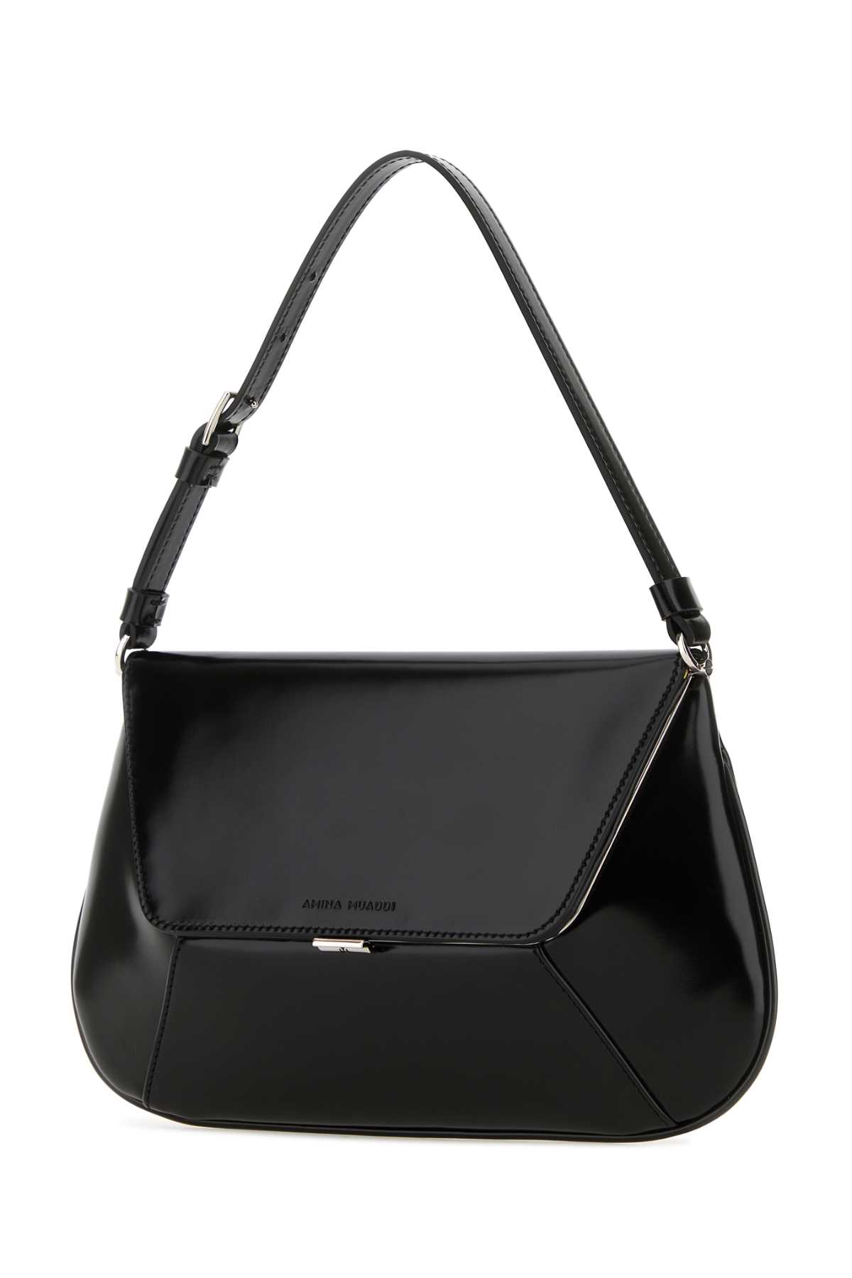 Shop Amina Muaddi Black Leather Ami Shoulder Bag In Blasilhard