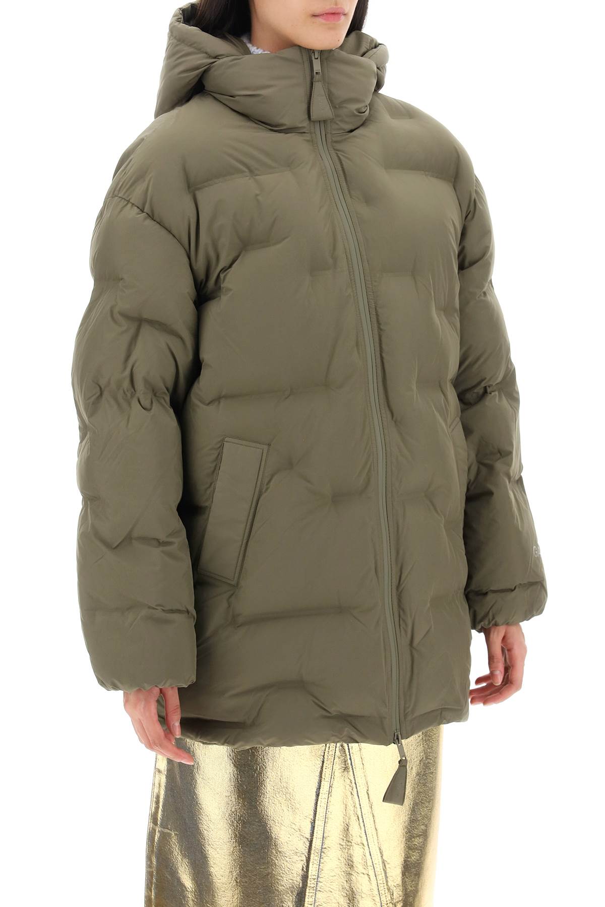 Shop Ganni Midi Puffer Jacket With Detachable Hood In Kalamata (green)
