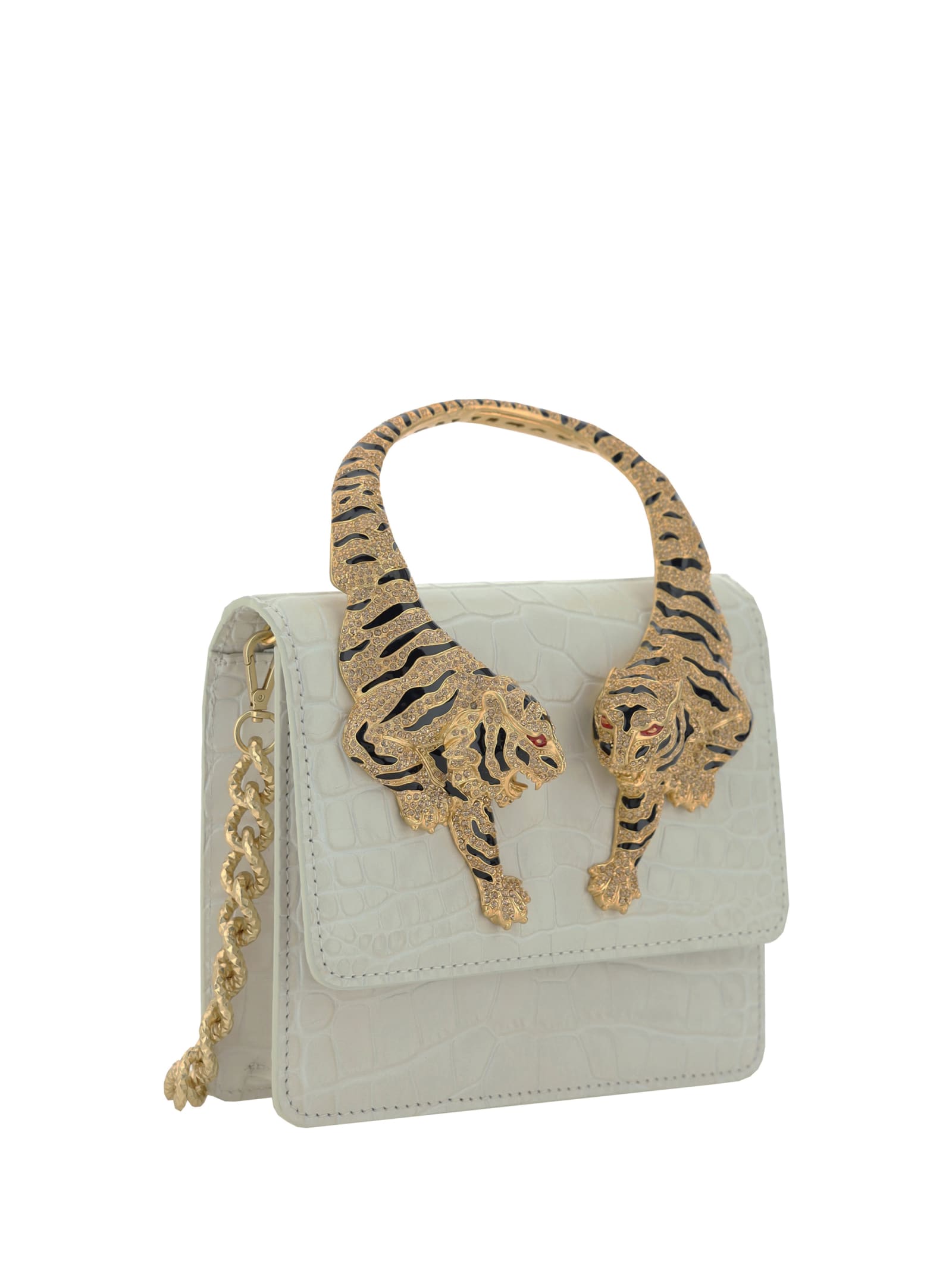 ROBERTO CAVALLI WHITE MEDIUM ROAR SHOULDER BAG WITH JEWELLED TIGERS 