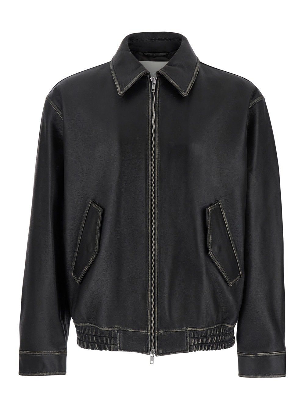 Black Jacket With Distressed Effect And Pockets On The Front In Leather Man