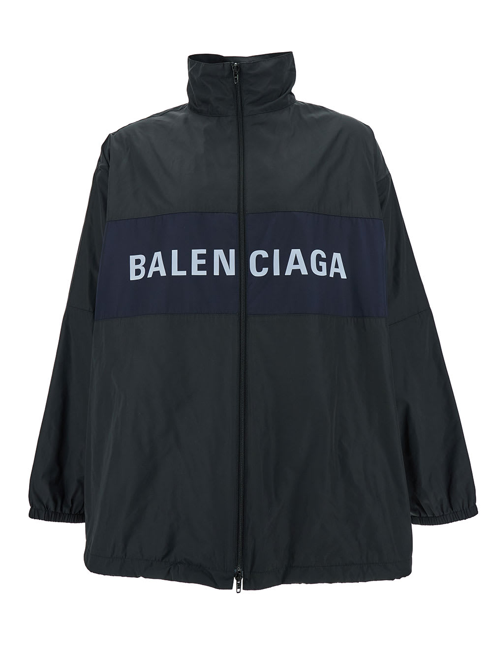 Shop Balenciaga Black Zip-up Jacket With Contrasting Logo Print In Tech Micro Faille Man