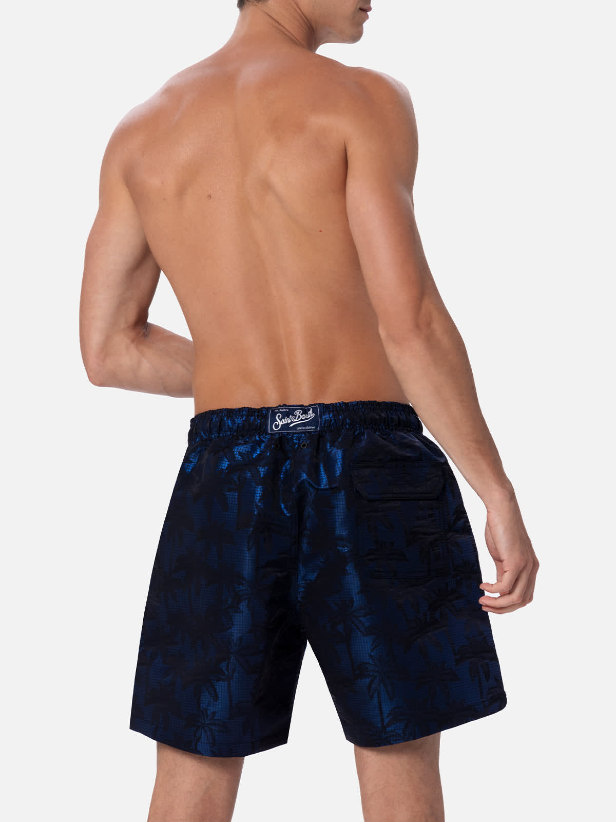 Mc2 Saint Barth Man Ripstop Fabric Swim Shorts Harbour The Riviera With Palm Jacquard Print In Blue