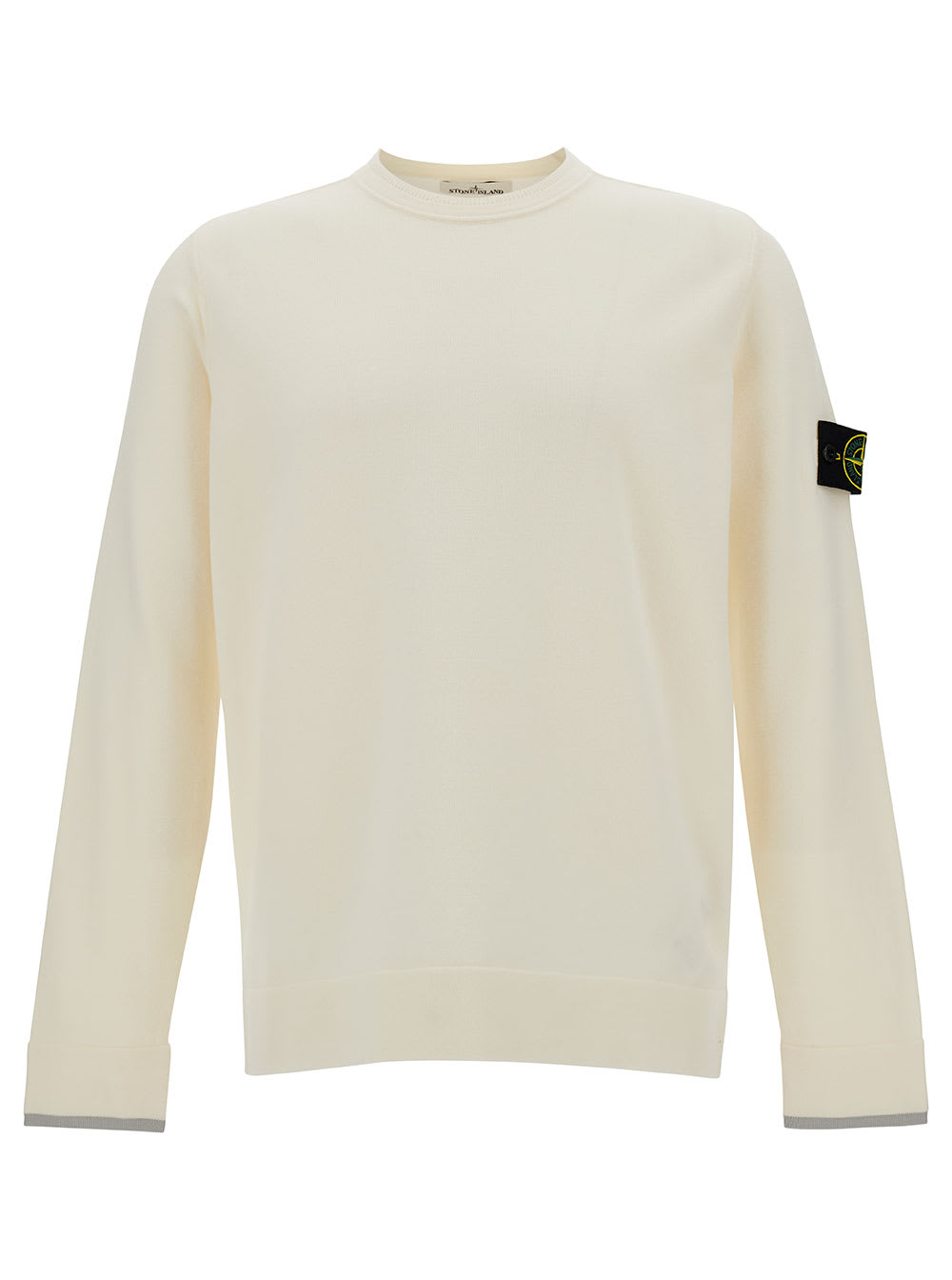 Shop Stone Island White Crewneck Sweater With Logo Patch In Wool Blend Man