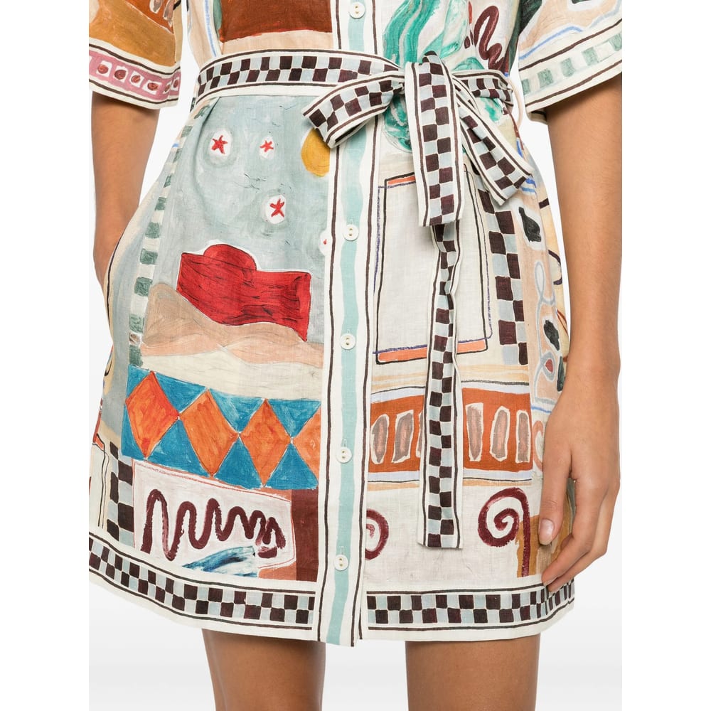 Alemais Michelle Printed Belted Linen Mini Shirt Dress In Multi