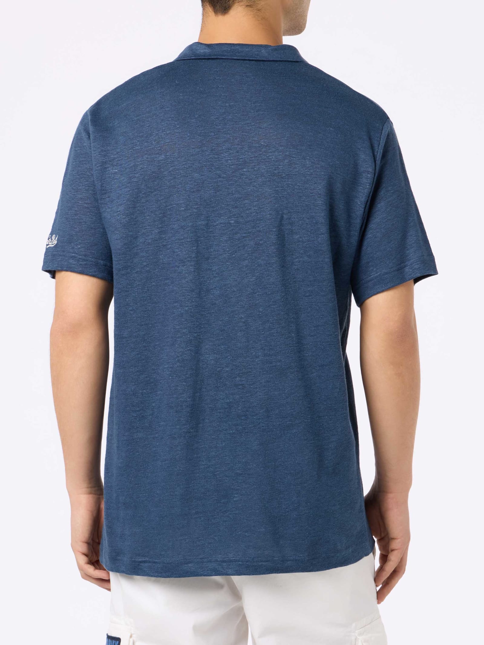 MC2 SAINT BARTH NAVY BLUE LINEN BUTTONLESS POLO SHIRT FRASER