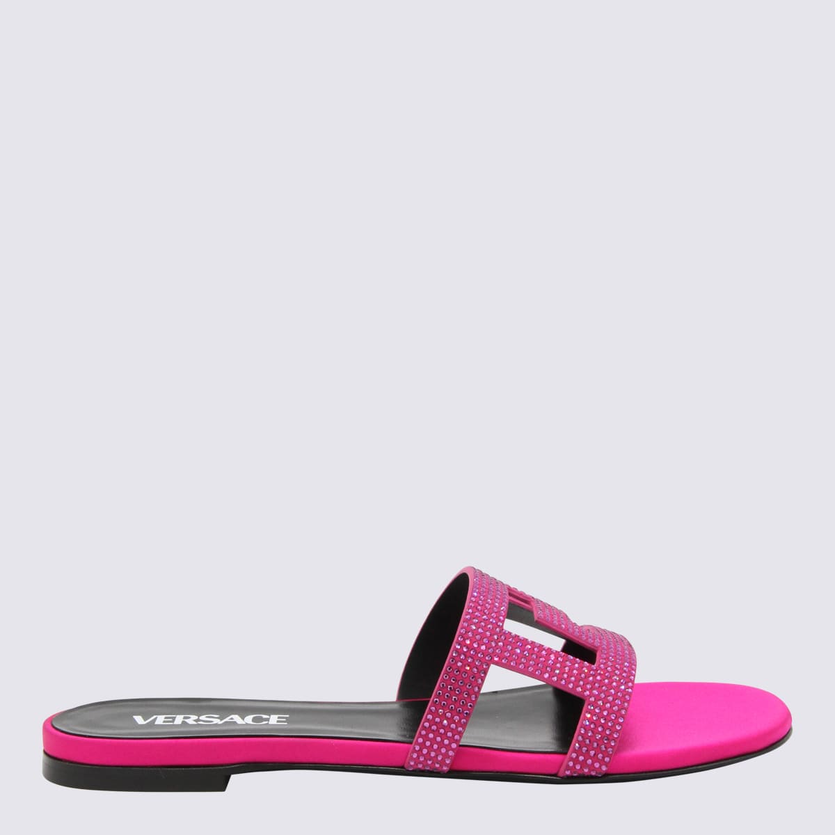 Shop Versace Pink Leather Greca Maze Sandals In Glossy Pink-oro
