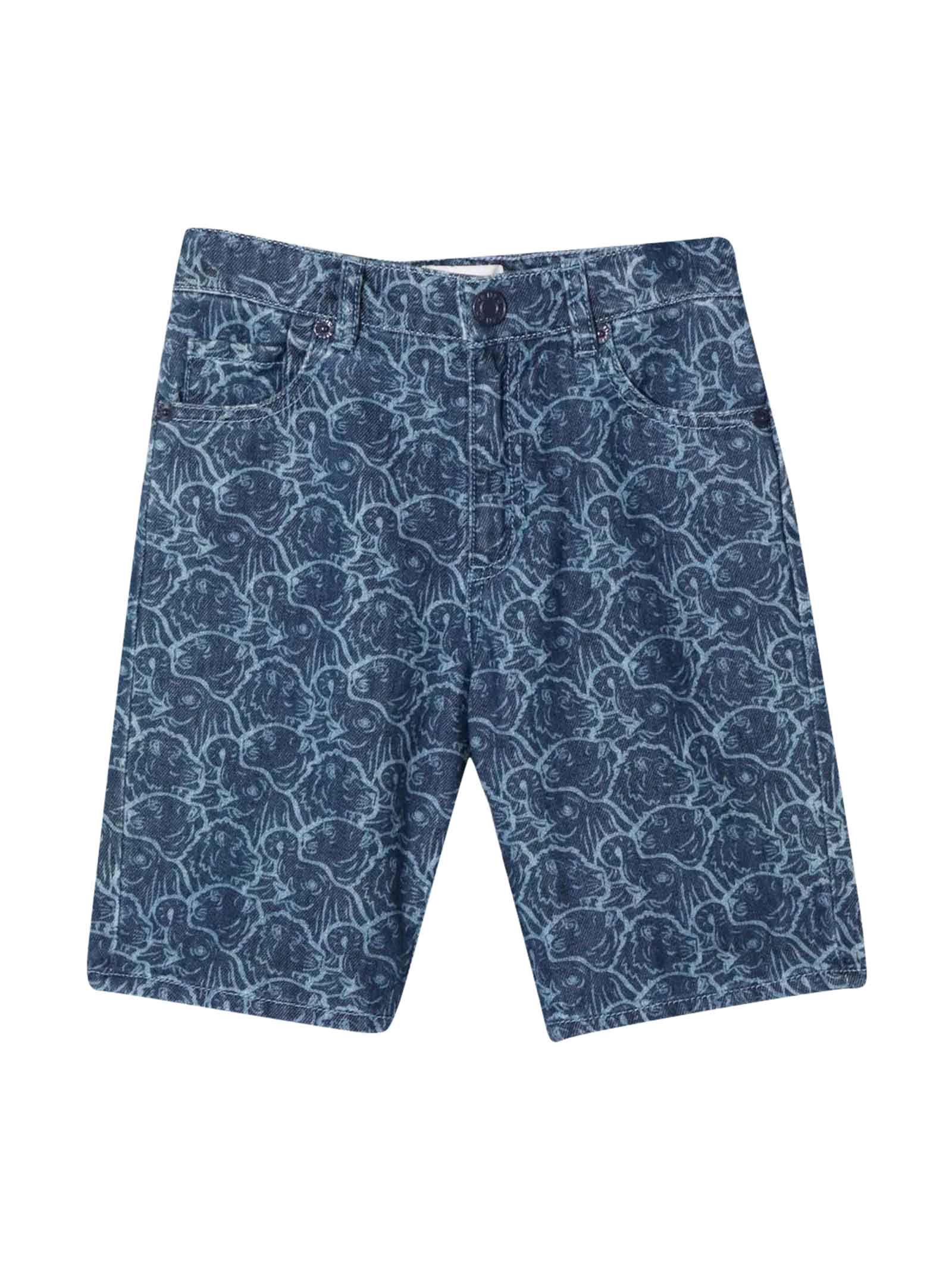 Kenzo Kids Boys Blue Denim Shorts With All-over Animalier Graphic Print, Patch On The Back, Hidden Closure With Flap And Button, Five Classic Pockets And Belt Lo