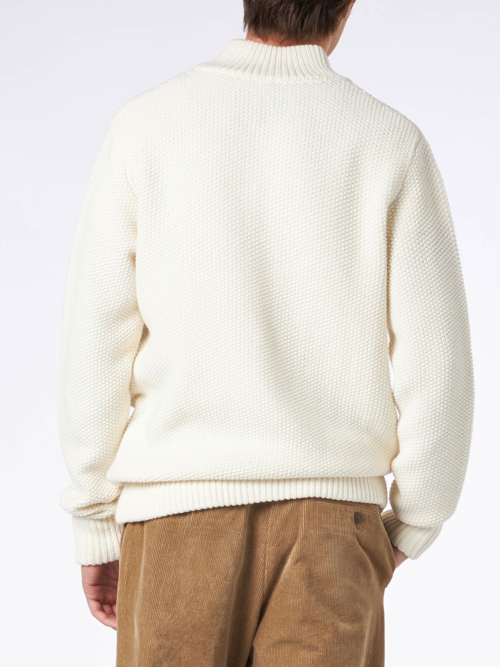 Mc2 Saint Barth Man Knitted Bomber With Felt Pockets In White