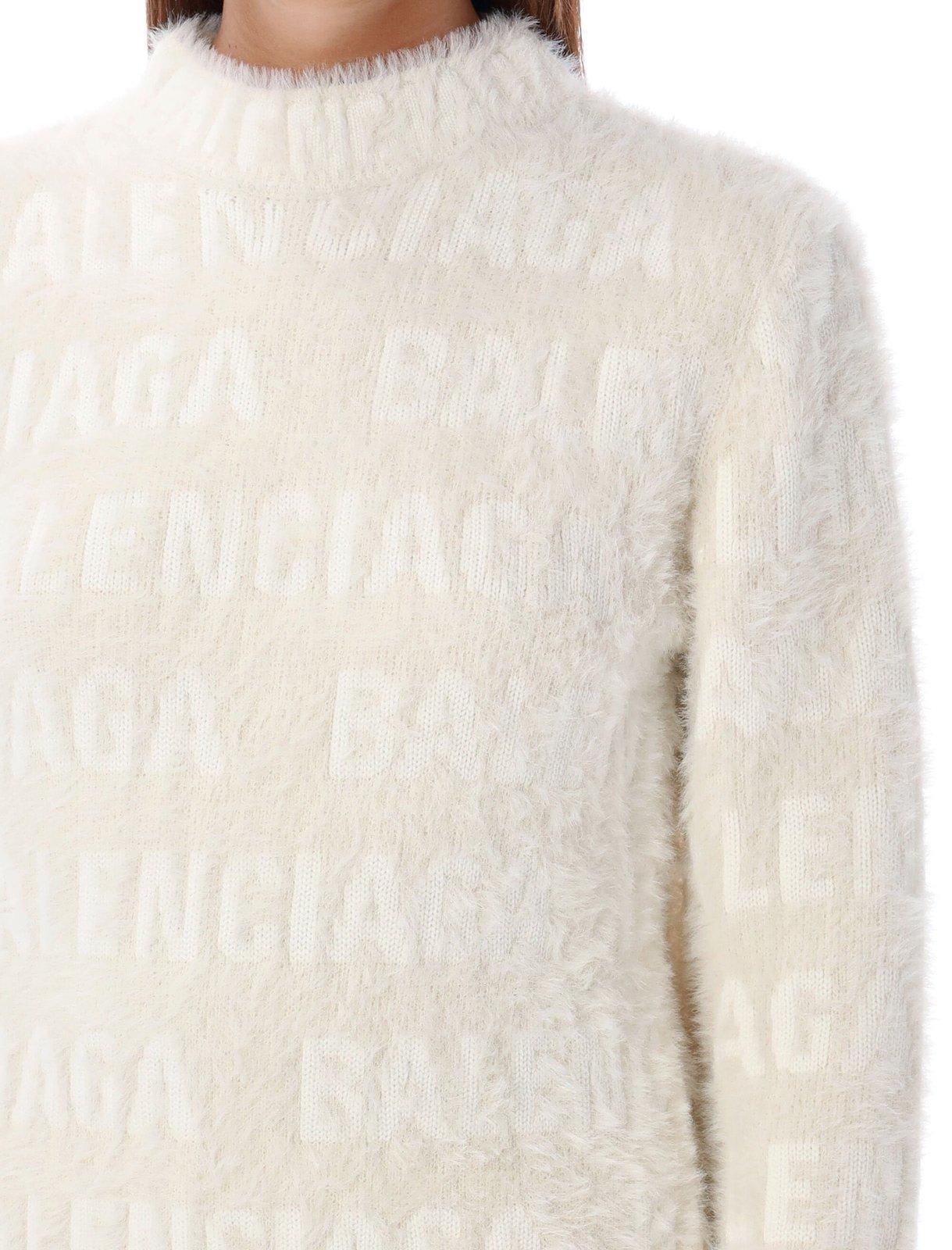 Shop Balenciaga Allover Logo Furry Fitted Sweater In Ivory