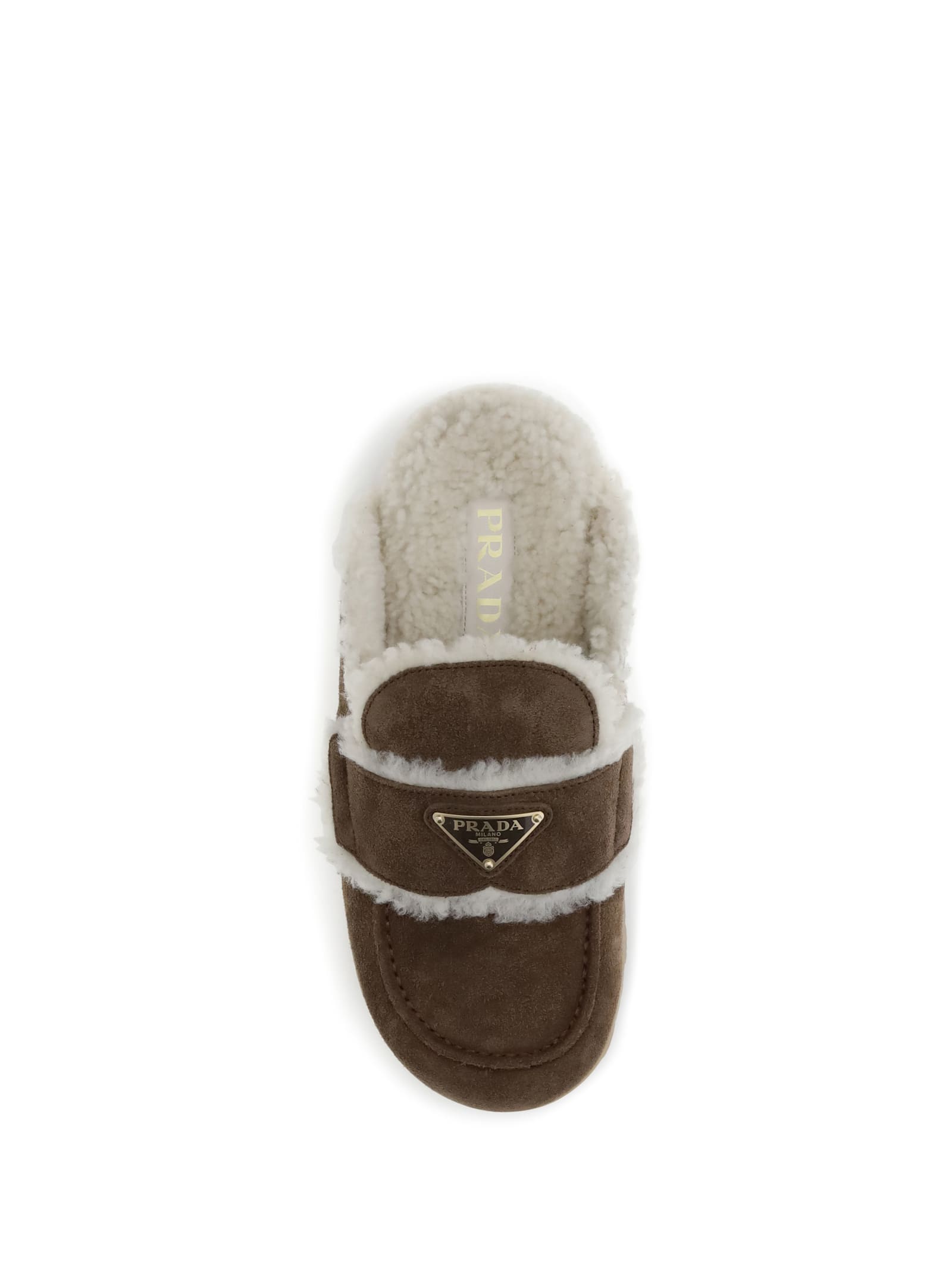 Prada Suede Shearling Cozy Loafer Mules In Brown