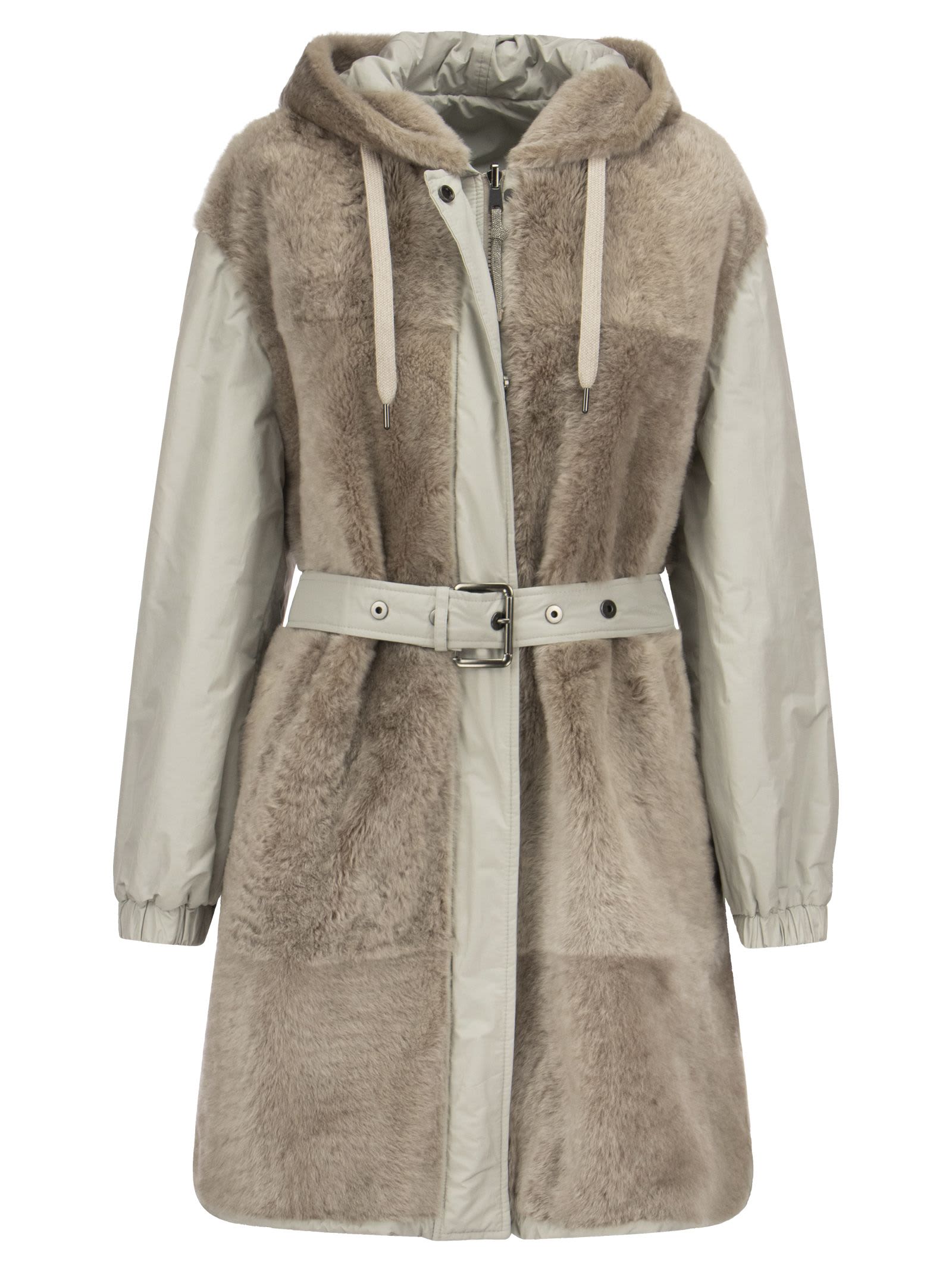 Brunello Cucinelli Reversible Outerwear In Shearling And Taffeta With Jewels