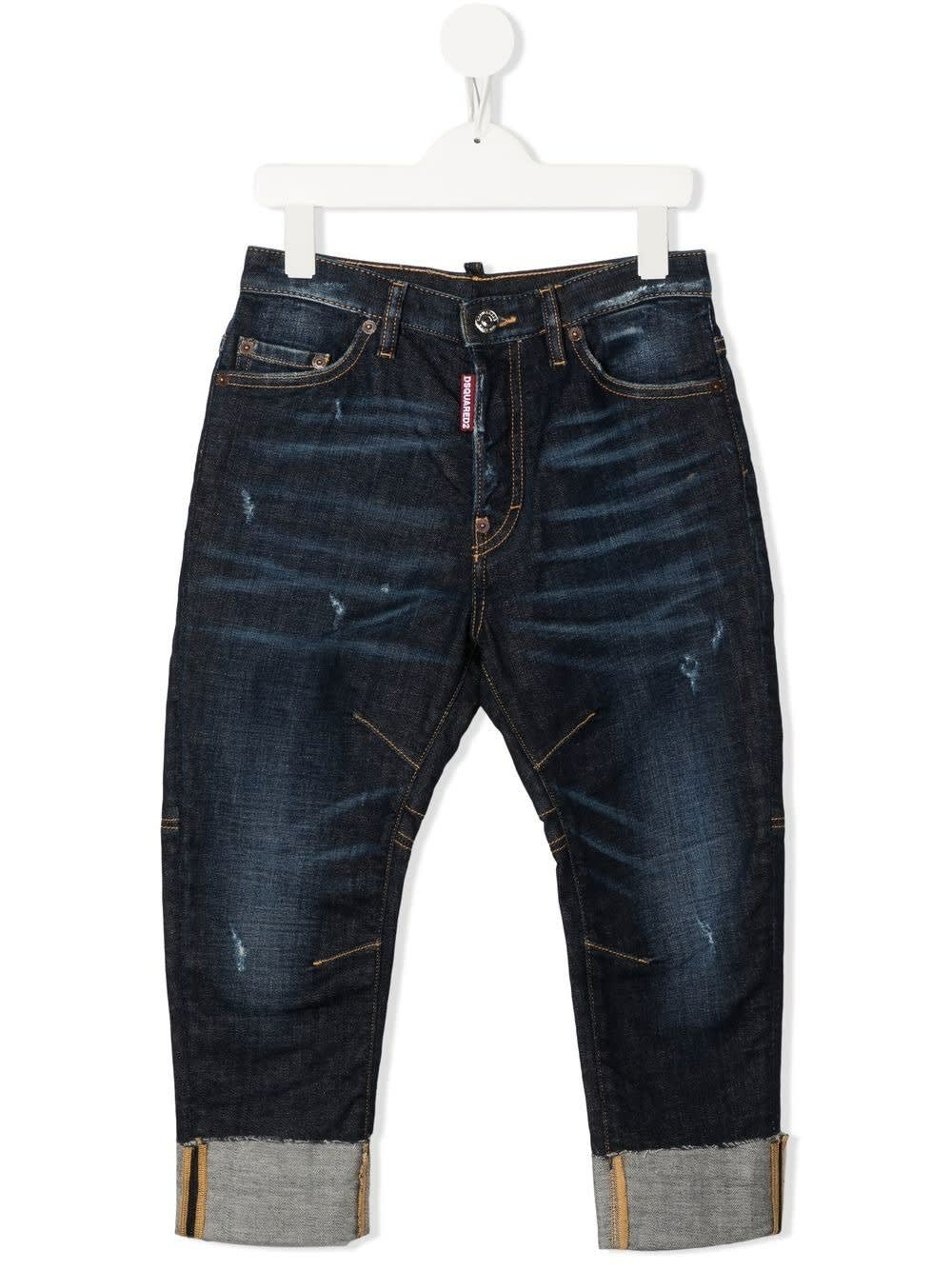 Dsquared2 Kids Jeans In Dark Blue Denim With Abrasions