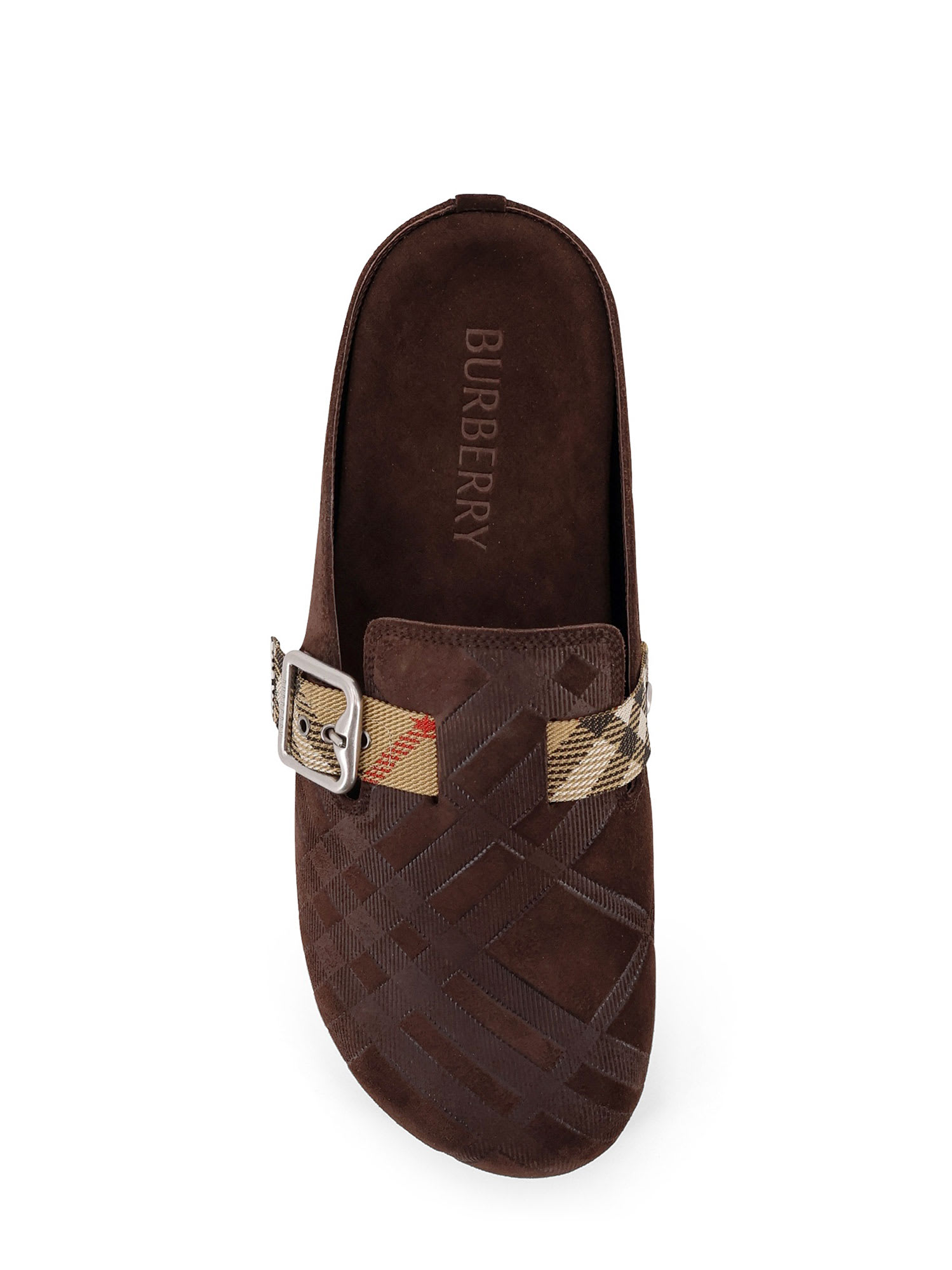 Burberry Strap Patterned Round Toe Rubber Sole Slip-on In Brown