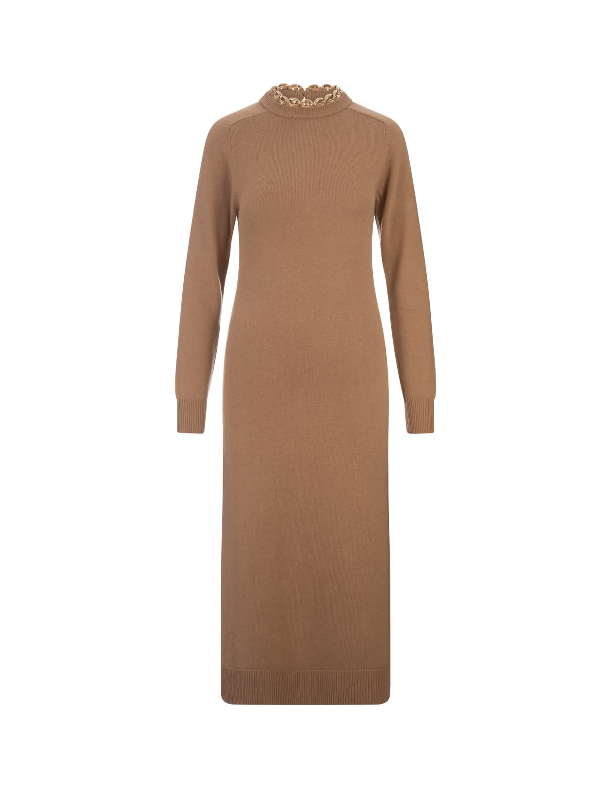 Camel Wool And Cashmere Long Dress With Chain