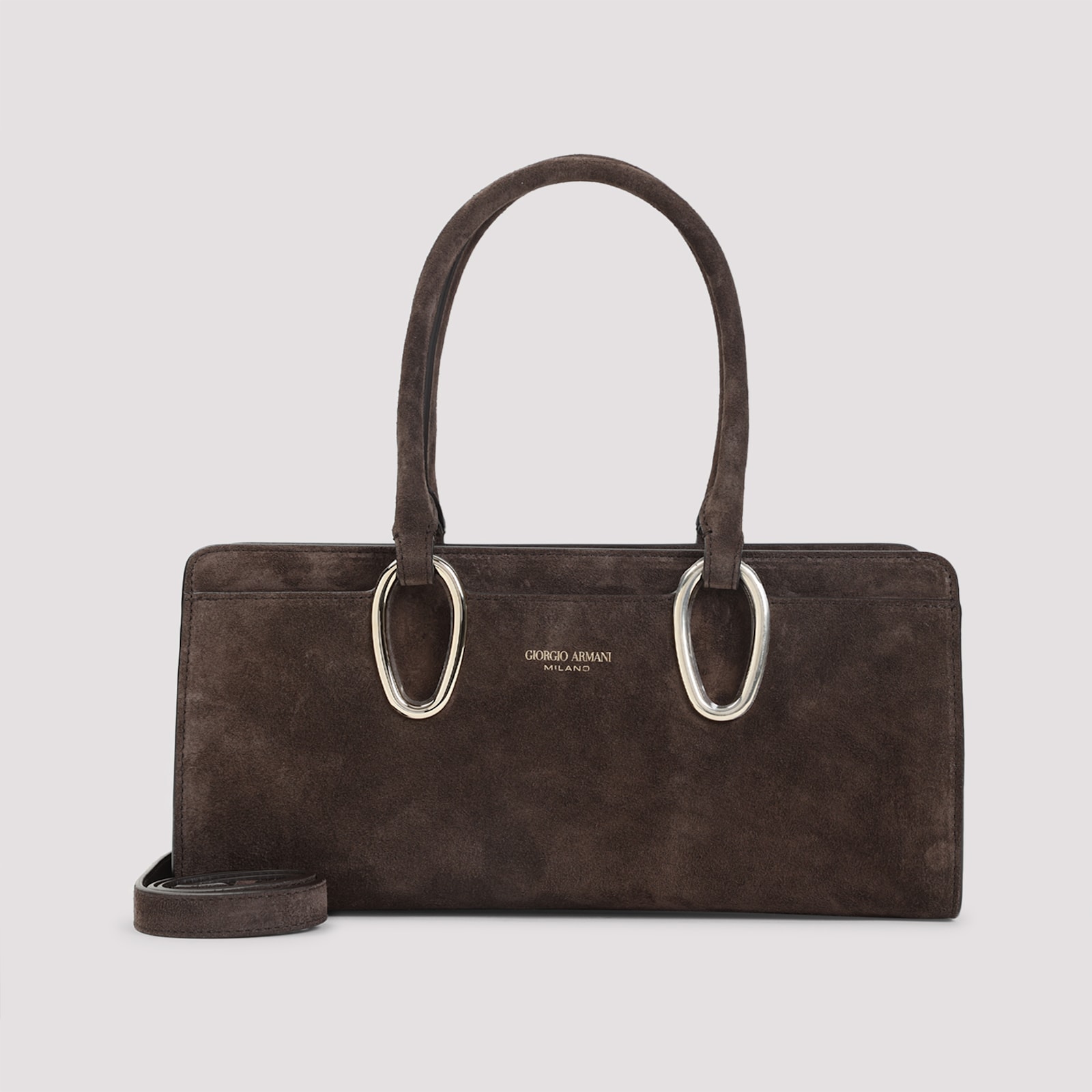 Giorgio Armani Rectangular Suede Shoulder Bag With Metal Hardware In Brown