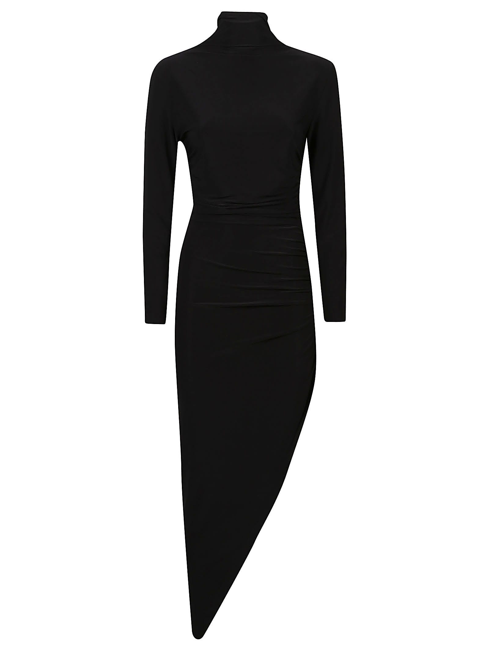 Shop Norma Kamali Long Sleeve Turtle Neck Side Drape Dress In Black