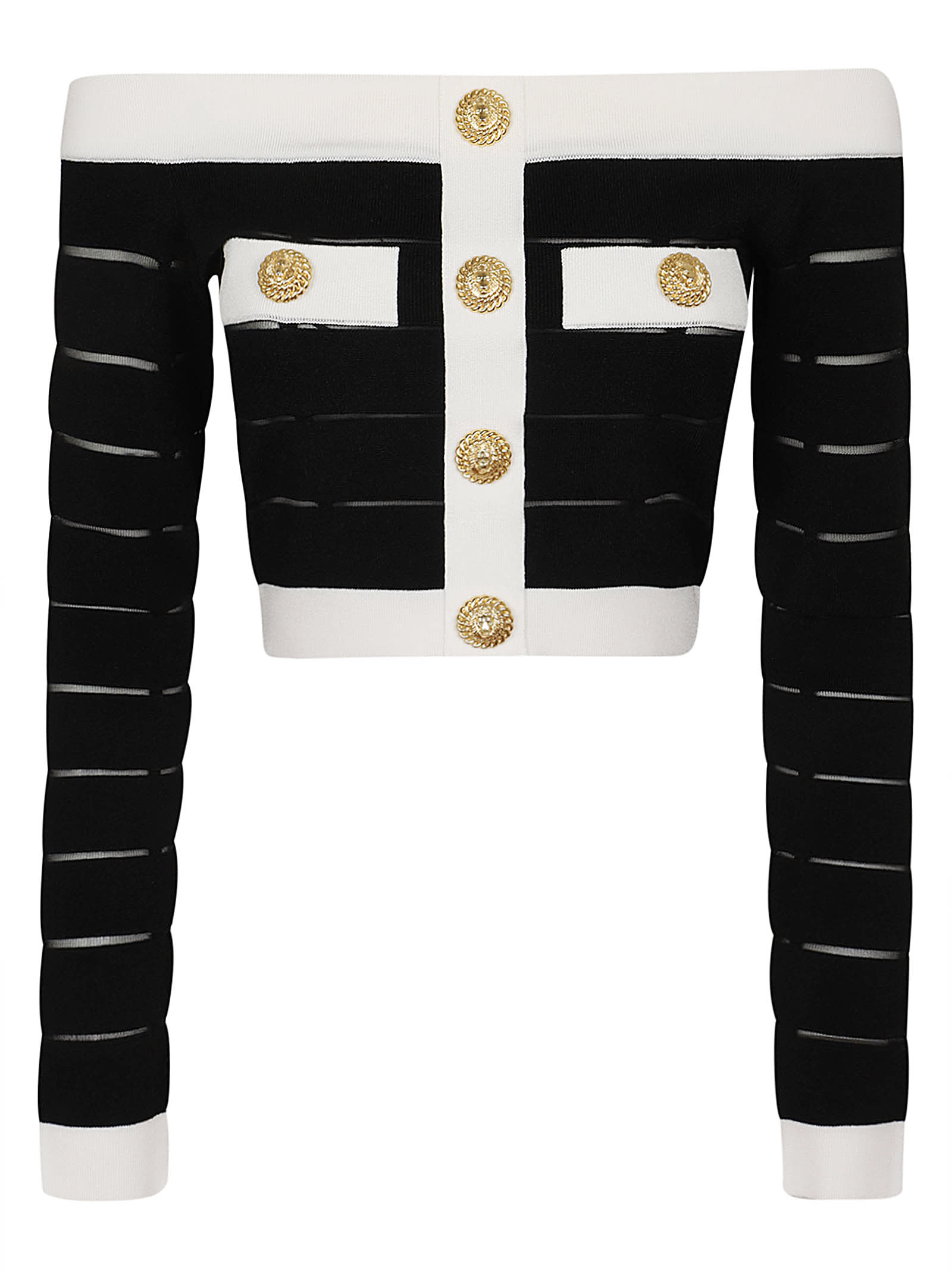 Shop Balmain Ls Off Shoulder Buttoned Knit Crop Top In Eab Noir Blanc