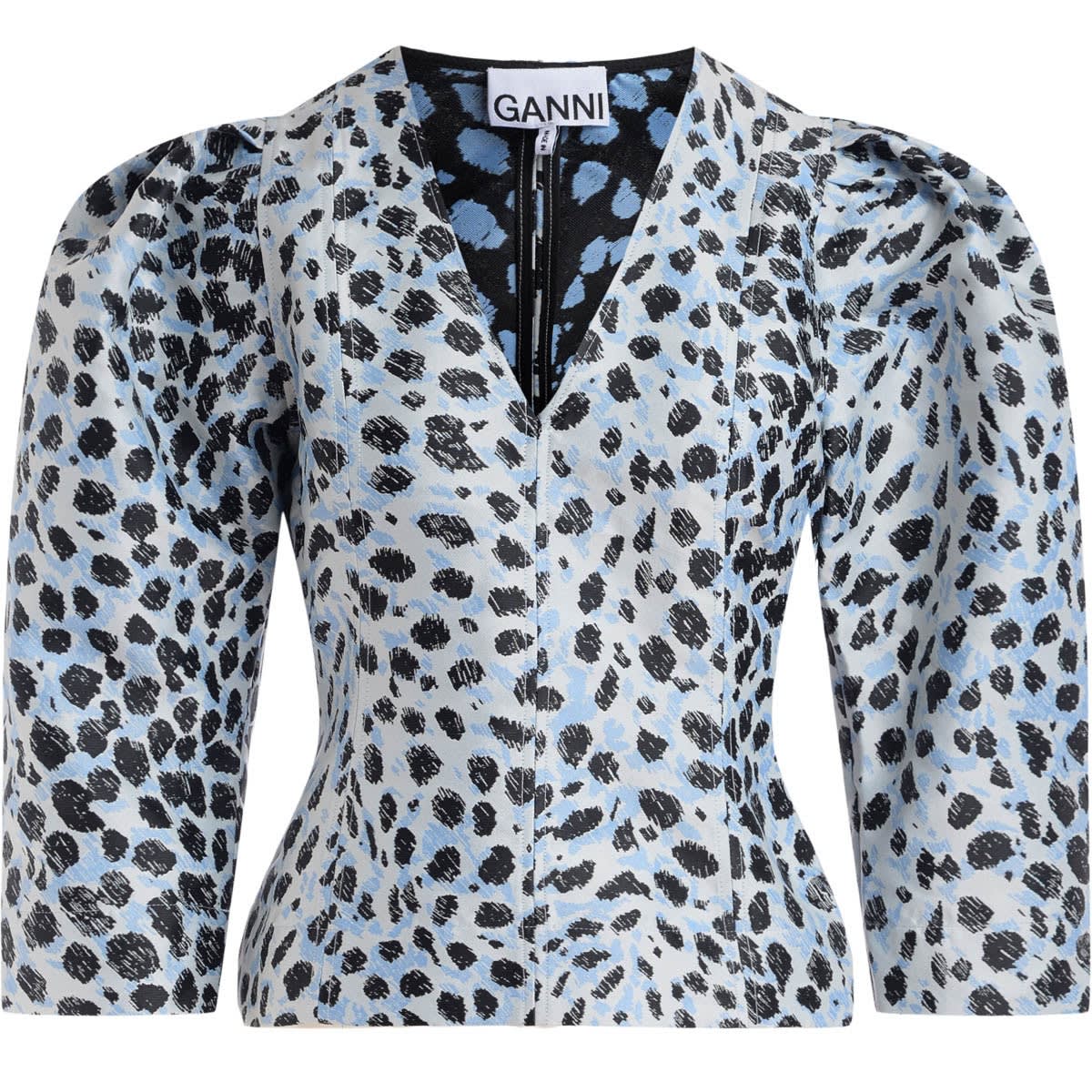 Ganni Blouse In Light Blue And Black Spotted Jaquard
