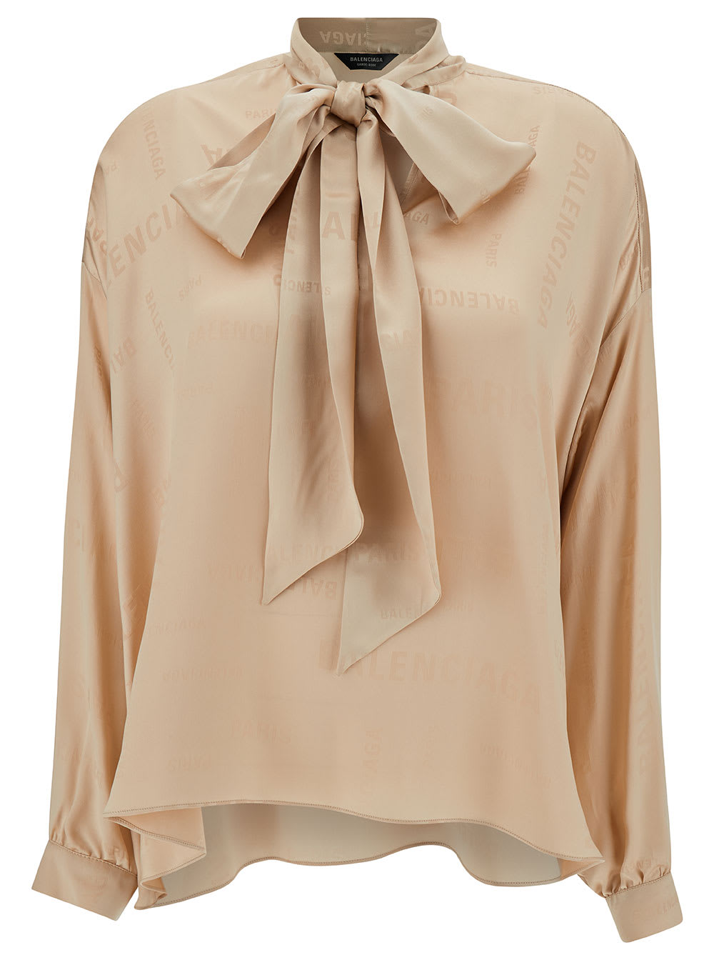 Shop Balenciaga Oversized Beige Shirt With Bow Detail And All-over Jacquard Logo In Silk Woman