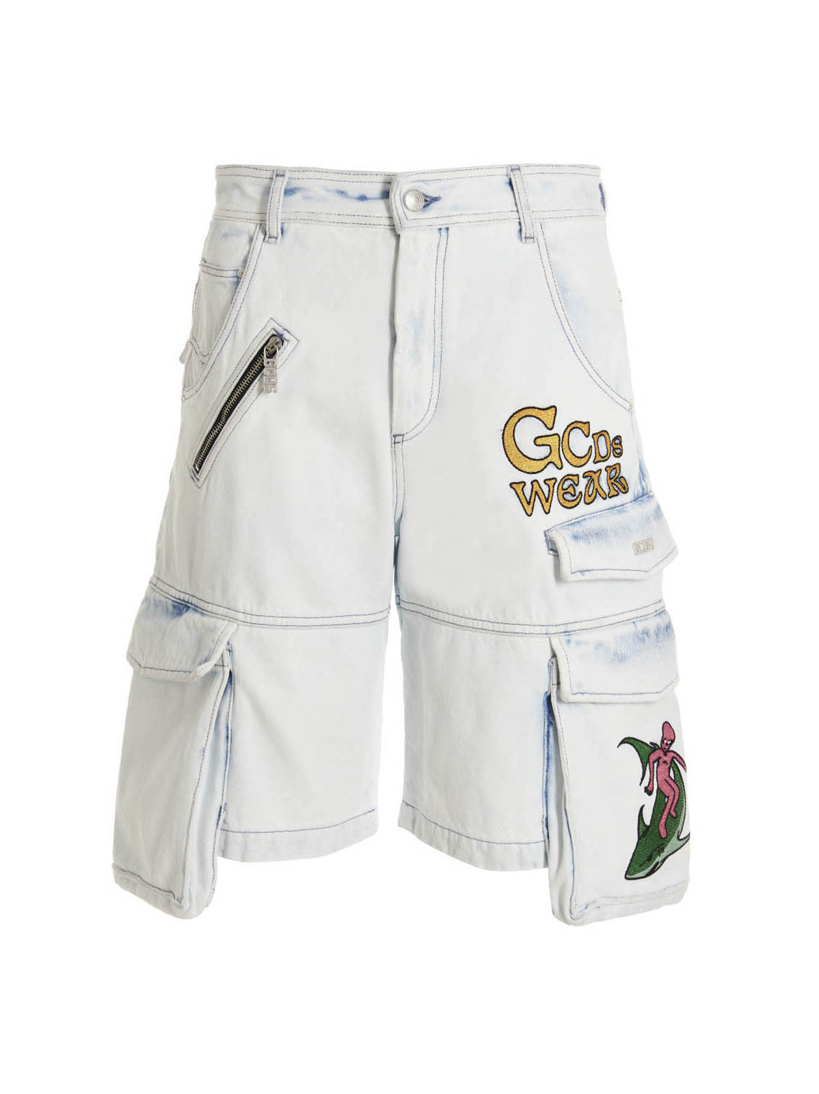 Shop Gcds Bleached Embroidered Ultracargo Bermuda Shorts In Light Blue