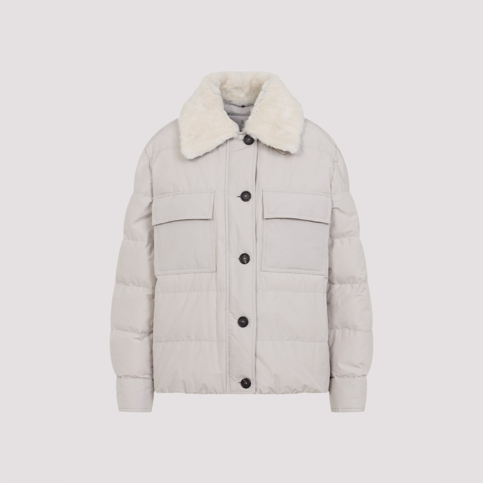 Brunello Cucinelli Shearling-collar Down Jacket In Gray