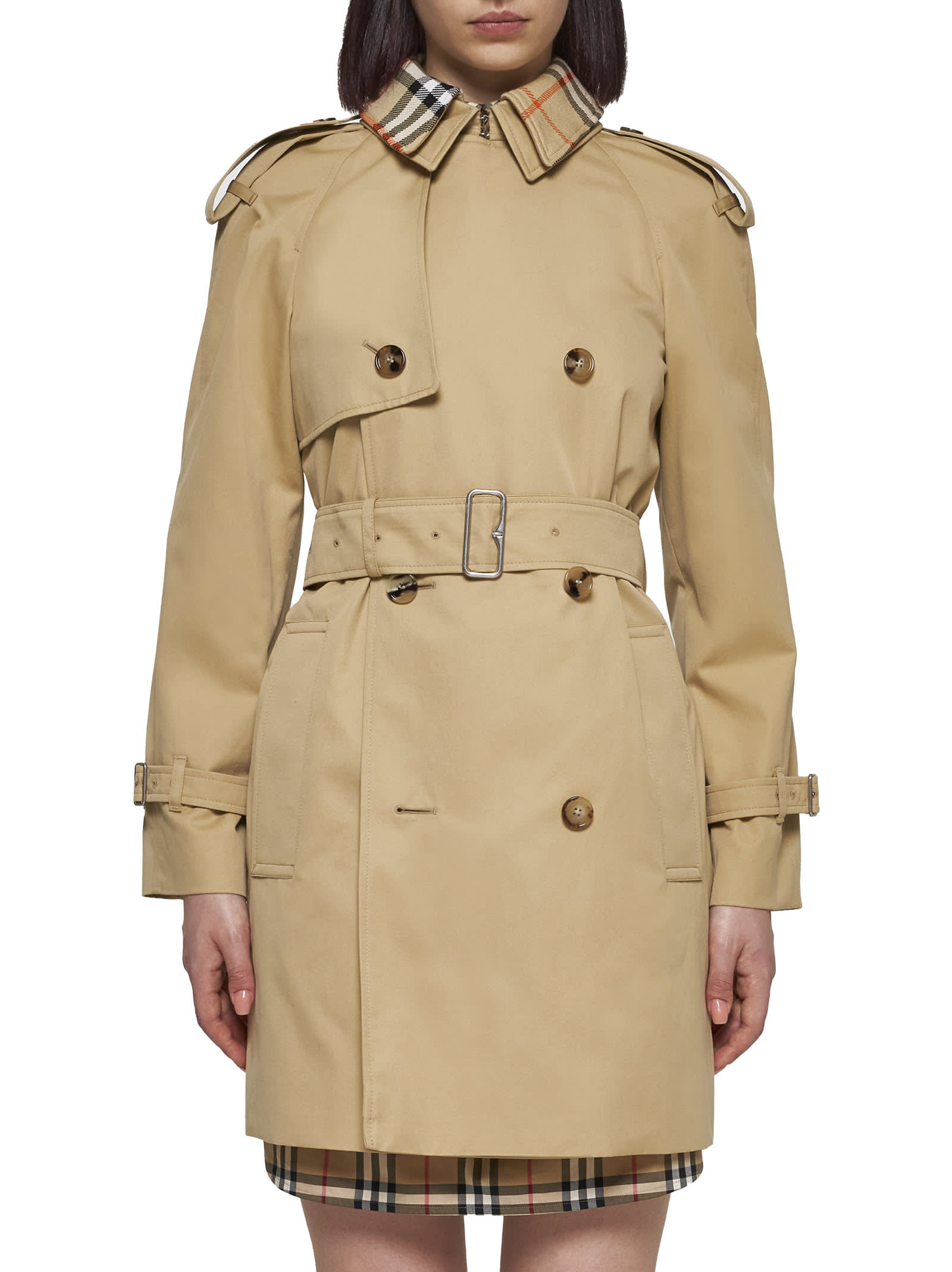 Burberry Cotton Double-breasted Short Trench Coat In Flax