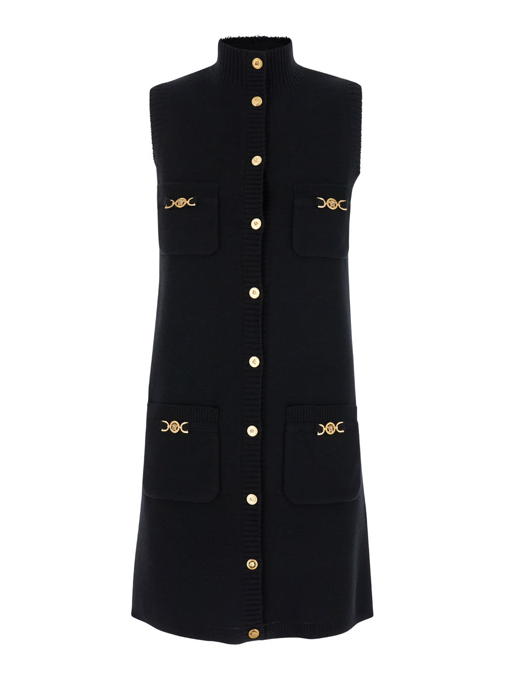 Shop Versace Black Mini Sleeveless Dress With Medusa Detail In Knit Woman