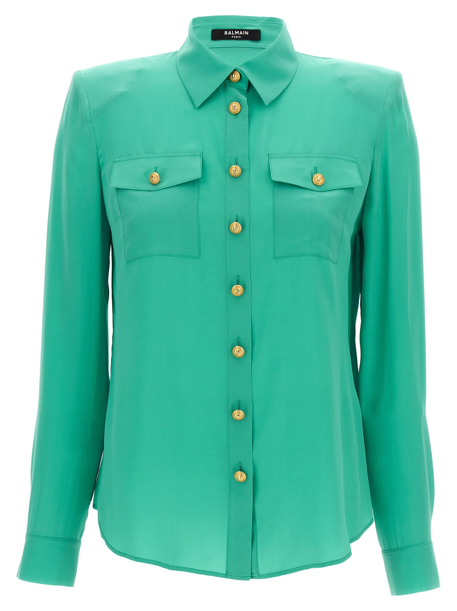 Shop Balmain Logo Button Shirt In Light Blue