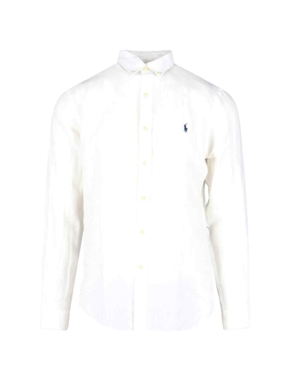 Polo Ralph Lauren Long-sleeve Button-up Shirt With Pointed Collar And Embroidered Logo In Bianco