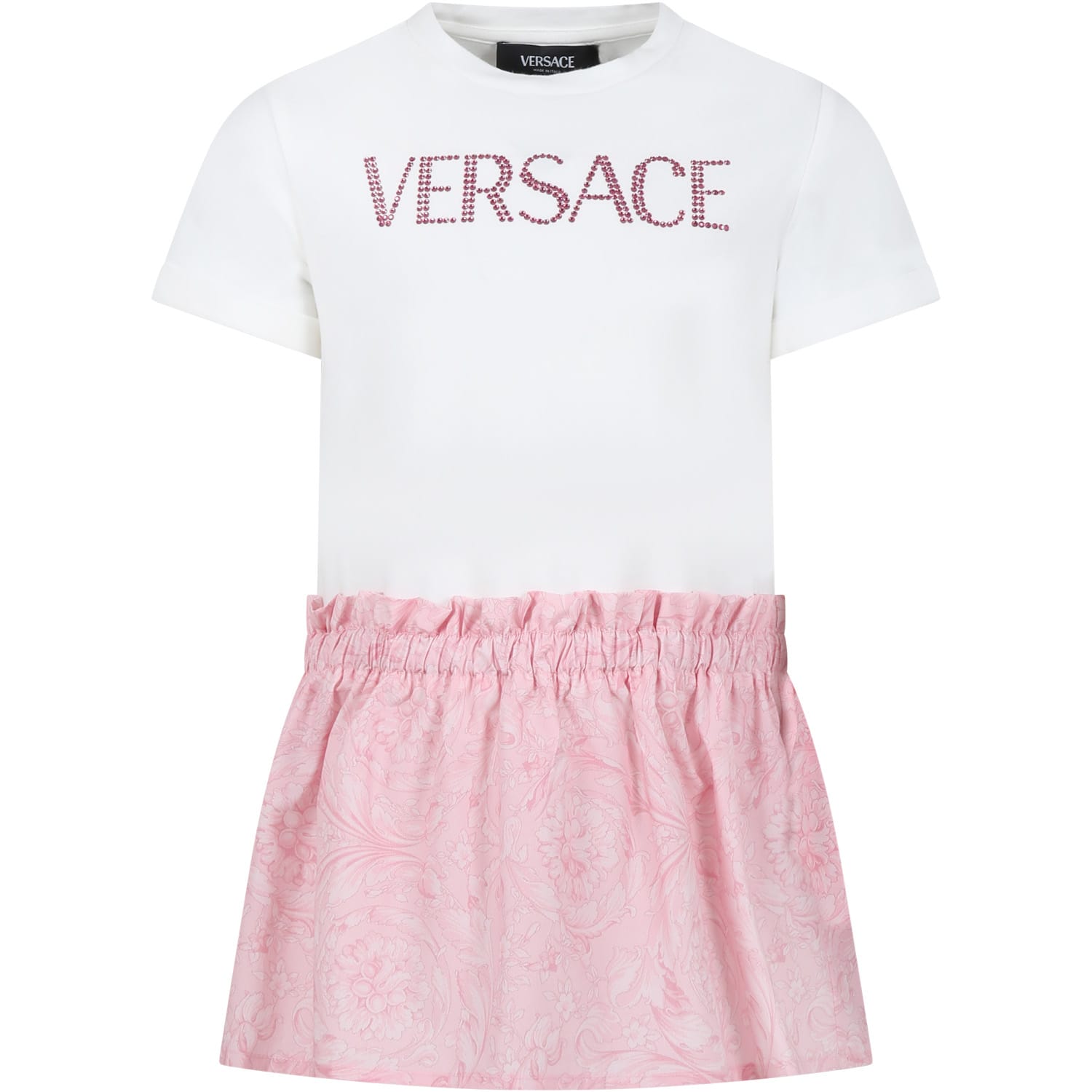 Versace Kids' Pink Dress For Baby Girl With Baroque Print And Rhinestone Logo