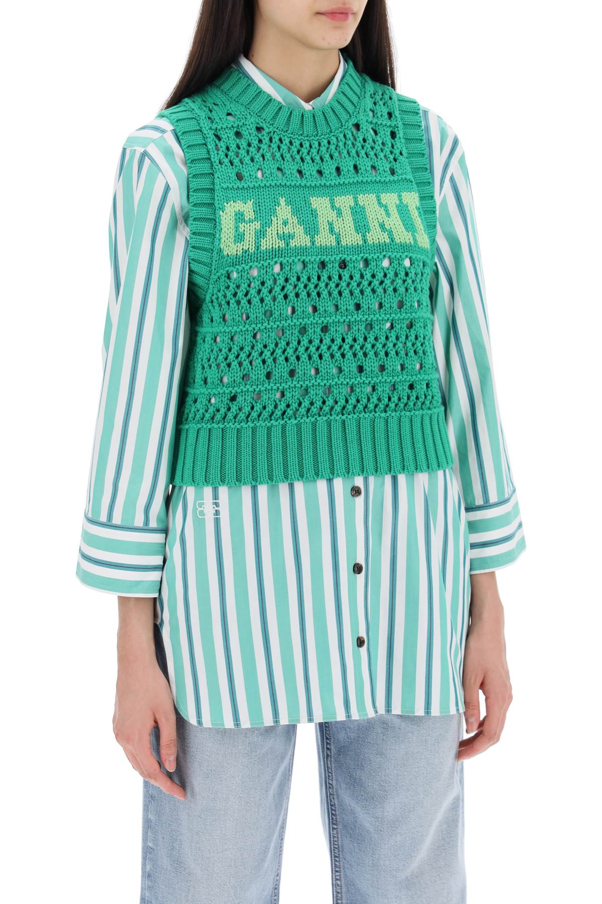 Shop Ganni Open-stitch Knitted Vest With Logo In Juniper (green)