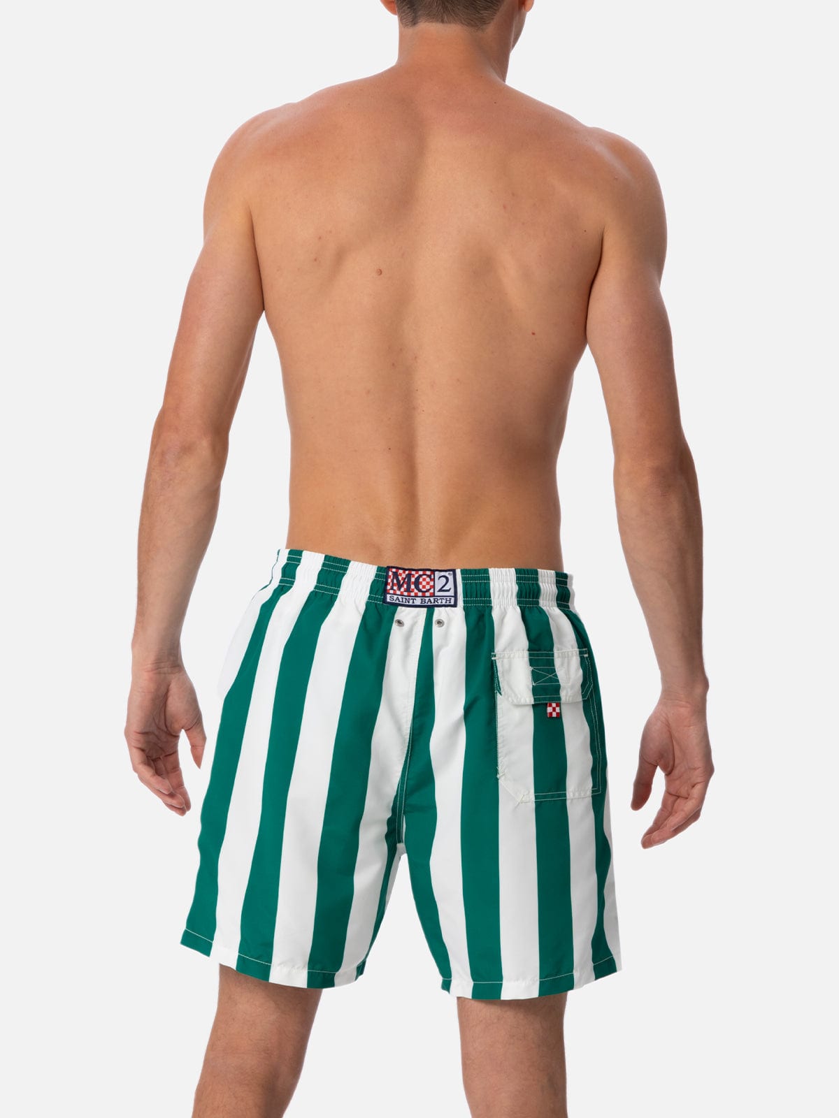 Shop Mc2 Saint Barth Man Mid-length Striped Gustavia Swim-shorts With St. Barth Embroidery In Green